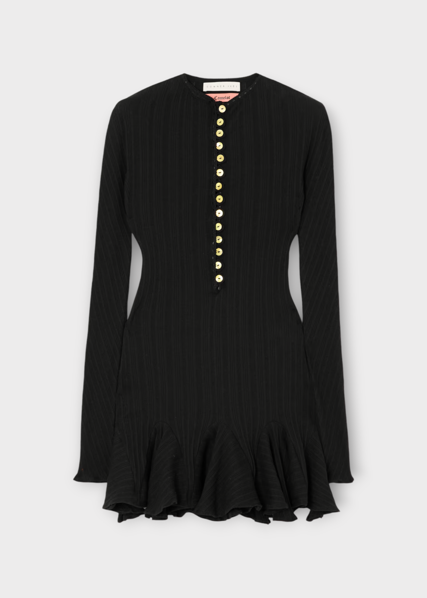 Conner Ives Conner Ives Dress, Black, Cotton Pointelle Long Sleeve Mini Dress in Black w/ Buttons Detail