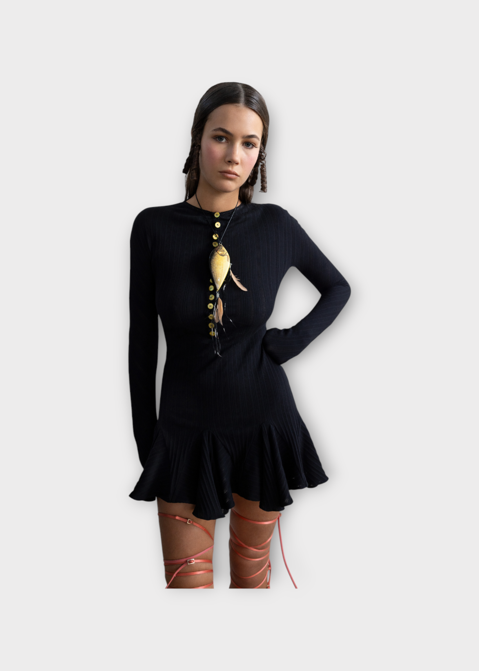Conner Ives Conner Ives Dress, Black, Cotton Pointelle Long Sleeve Mini Dress in Black w/ Buttons Detail