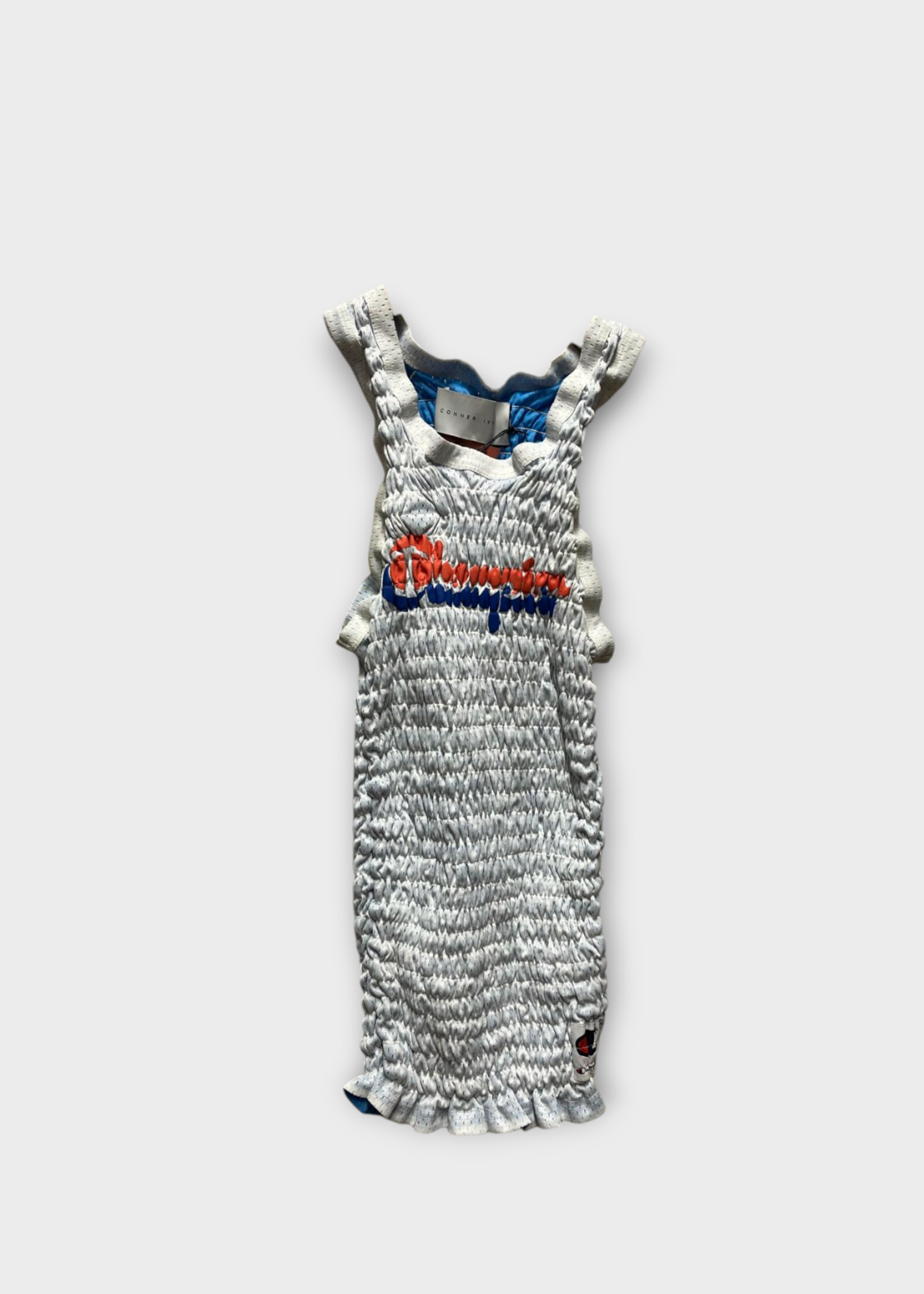 Conner Ives Conner Ives Top, Print, Reconstituted Shirred Basketball Tank Top in Light Blue w/ Champion Orange Print