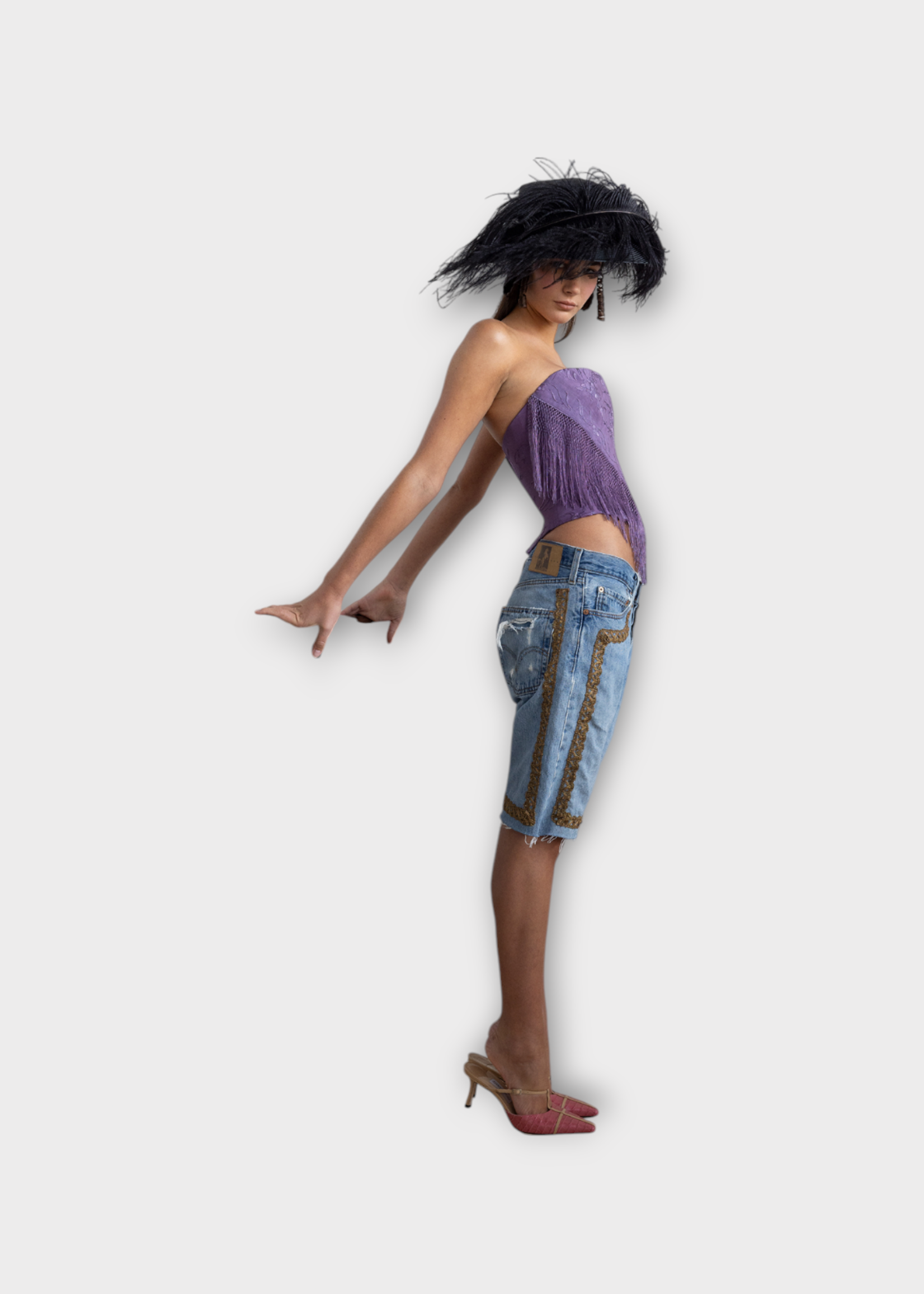 Conner Ives Conner Ives Top, Purple, Piano Shawl Sleeveless Fringed Corset Top w/ Floral Embroidery