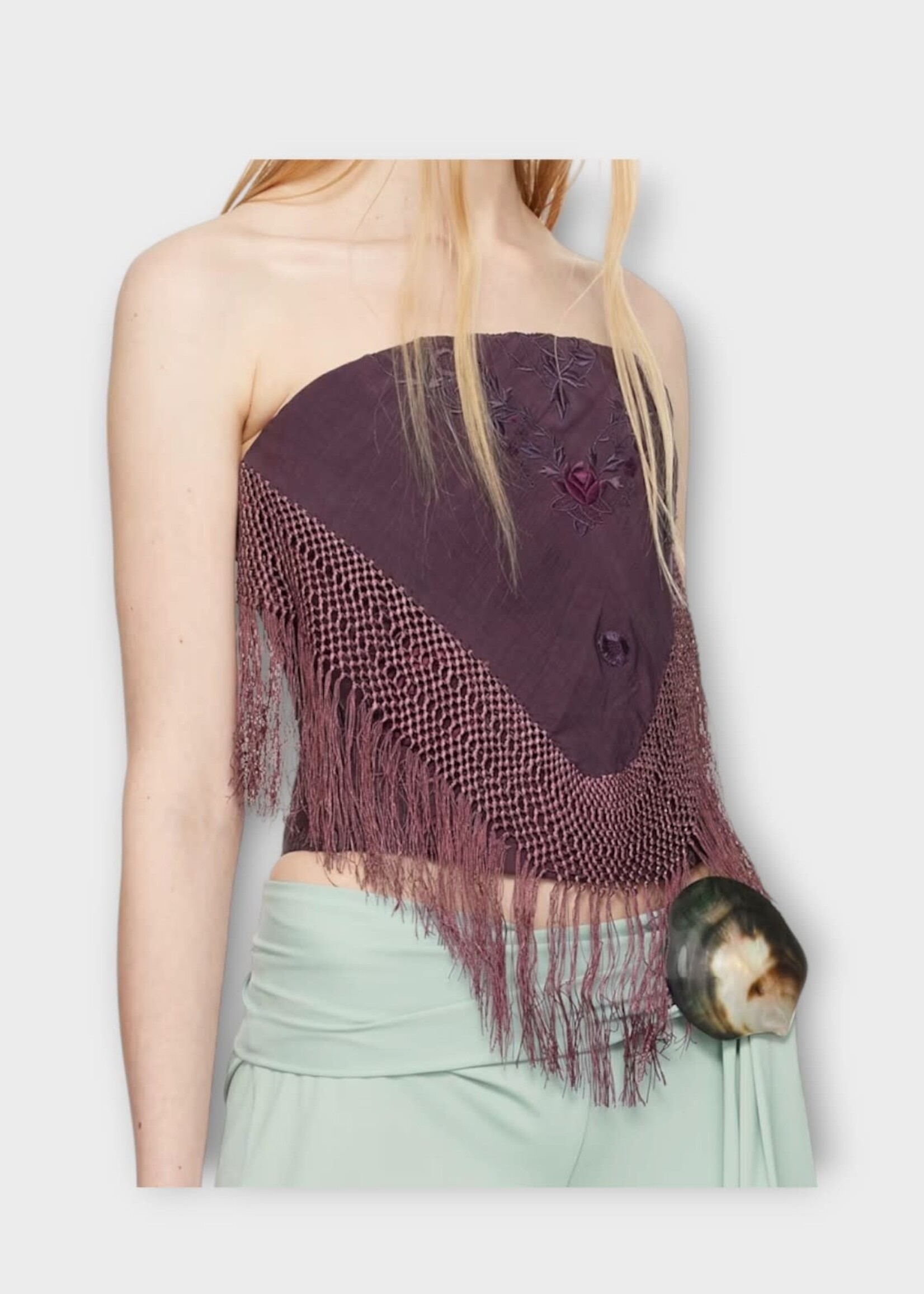 Conner Ives Conner Ives Top, Purple, Piano Shawl Sleeveless Fringed Corset Top w/ Floral Embroidery
