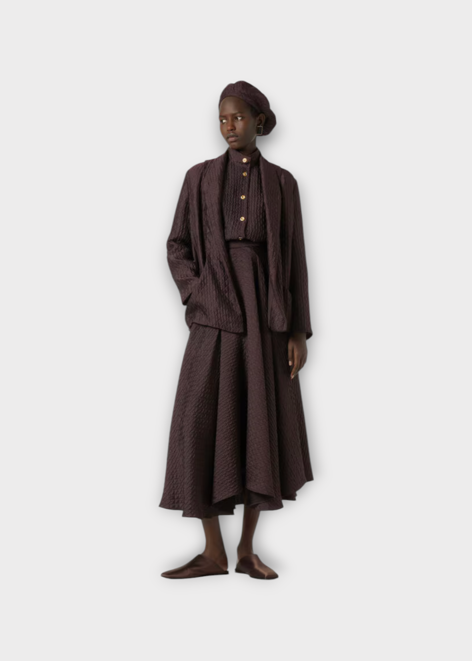 Loro Piana Loro Piana Jacket, Brown, Benedetta Silk Fluid Diamond Cloquet Button Up Jacket In Cloves