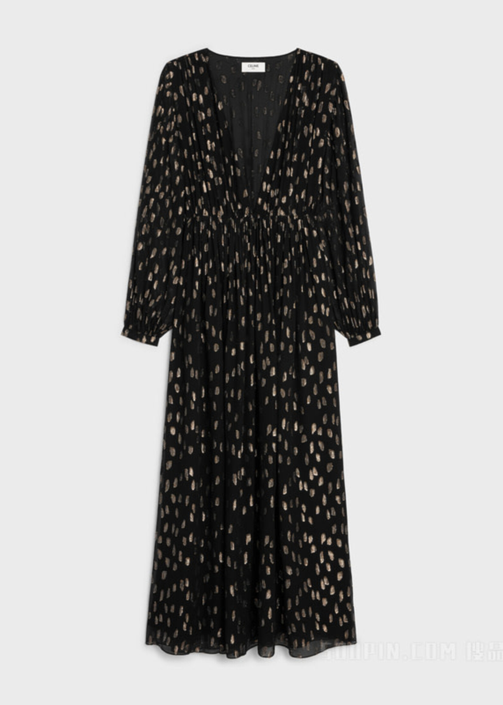 Celine Celine Dress, Black, Silk V-Neck Long Sleeve Long Dress In Black