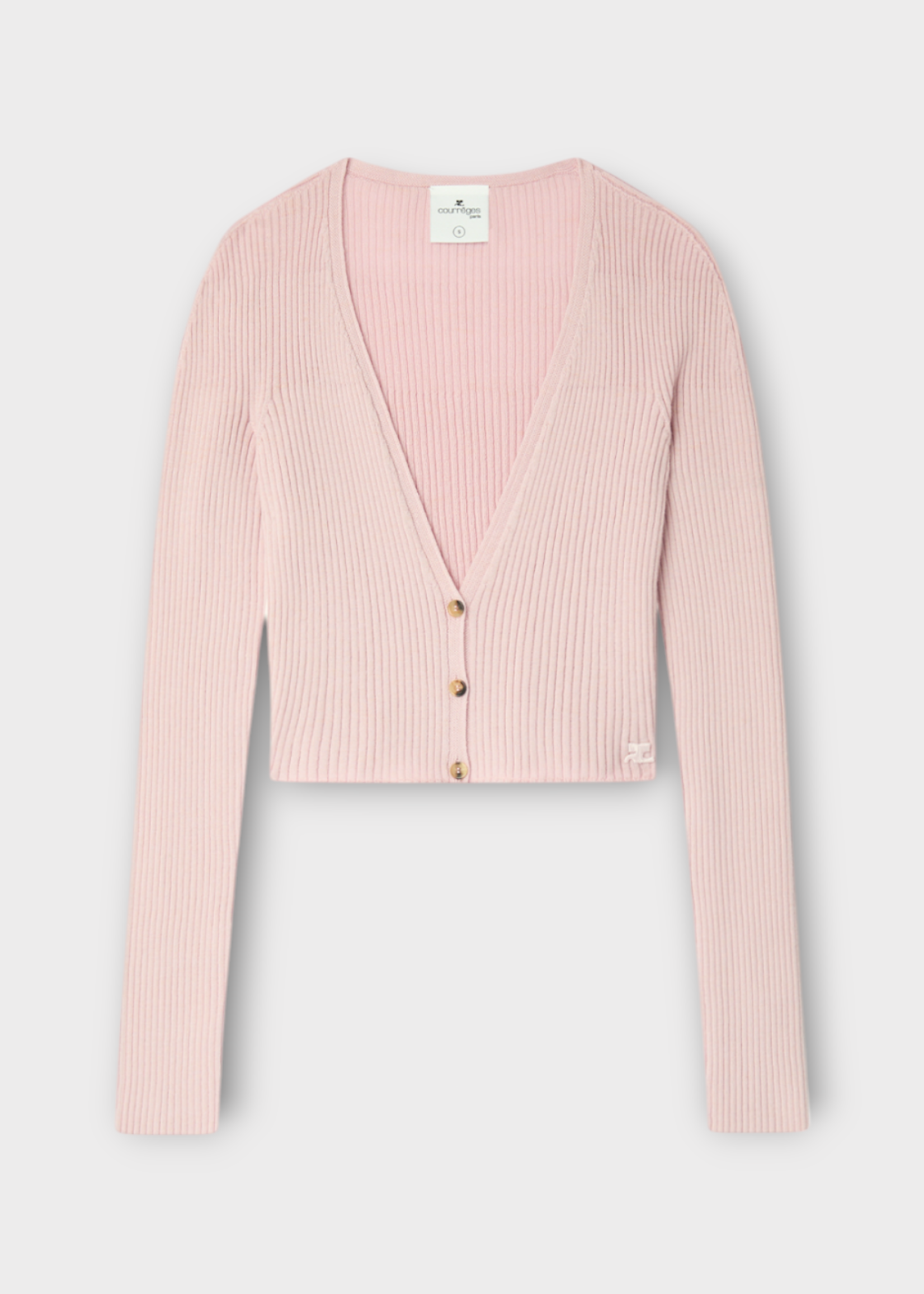 Courreges Courreges Knitwear, Pink, Solar V-Neck Light Rib Cropped Button Up Cardigan In Salt Pink