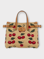 Valentino Valentino Bag, Multi, Rafia Jacquard Small Tote Bag In Natural Camel & Cherries Print