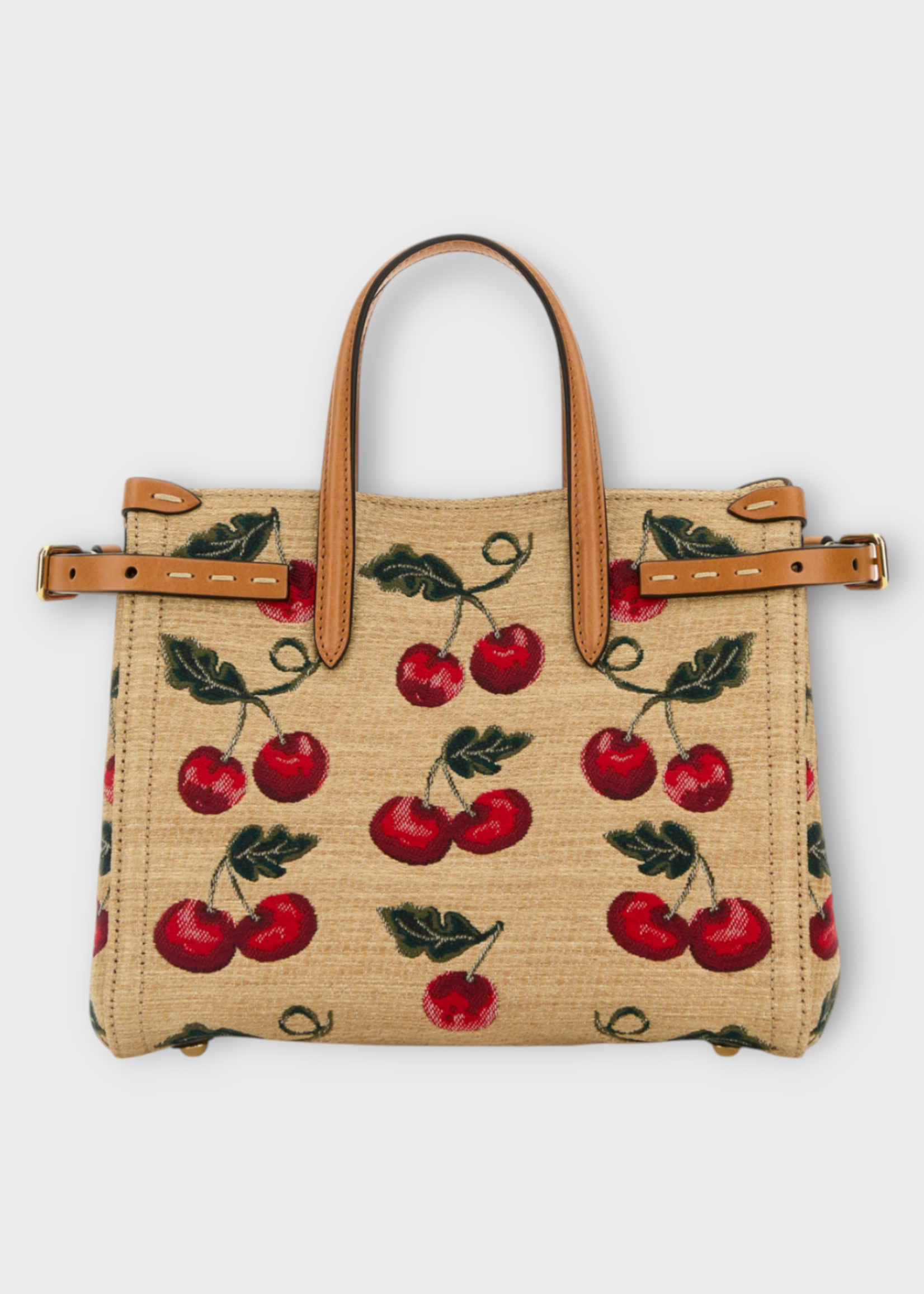 Valentino Valentino Bag, Multi, Rafia Jacquard Small Tote Bag In Natural Camel & Cherries Print