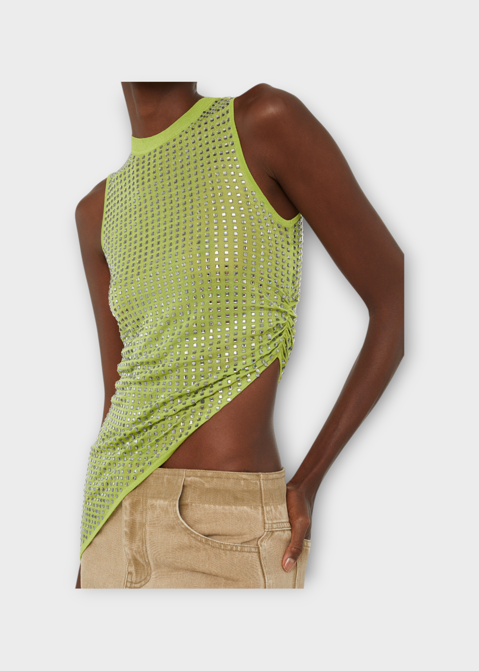 Christopher Esber Christopher Esber Top, Green, Cirrus Asymmetric Drape Tank Top In Fern w/ All Over Glass Crystal Embellishment