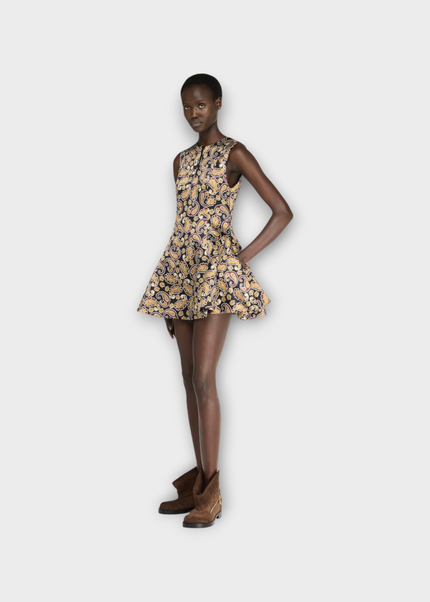 J.W. Anderson J.W. Anderson Dress, Print, Crew Neck Sleeveless Circle Skirt Mini Dress In Red & Brown w/ Paisley Print