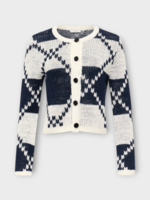 J.W. Anderson J.W. Anderson Knitwear, Print, Boxy Fit Linen Mix Cardigan In Off White & Navy w/ Fair isle Design