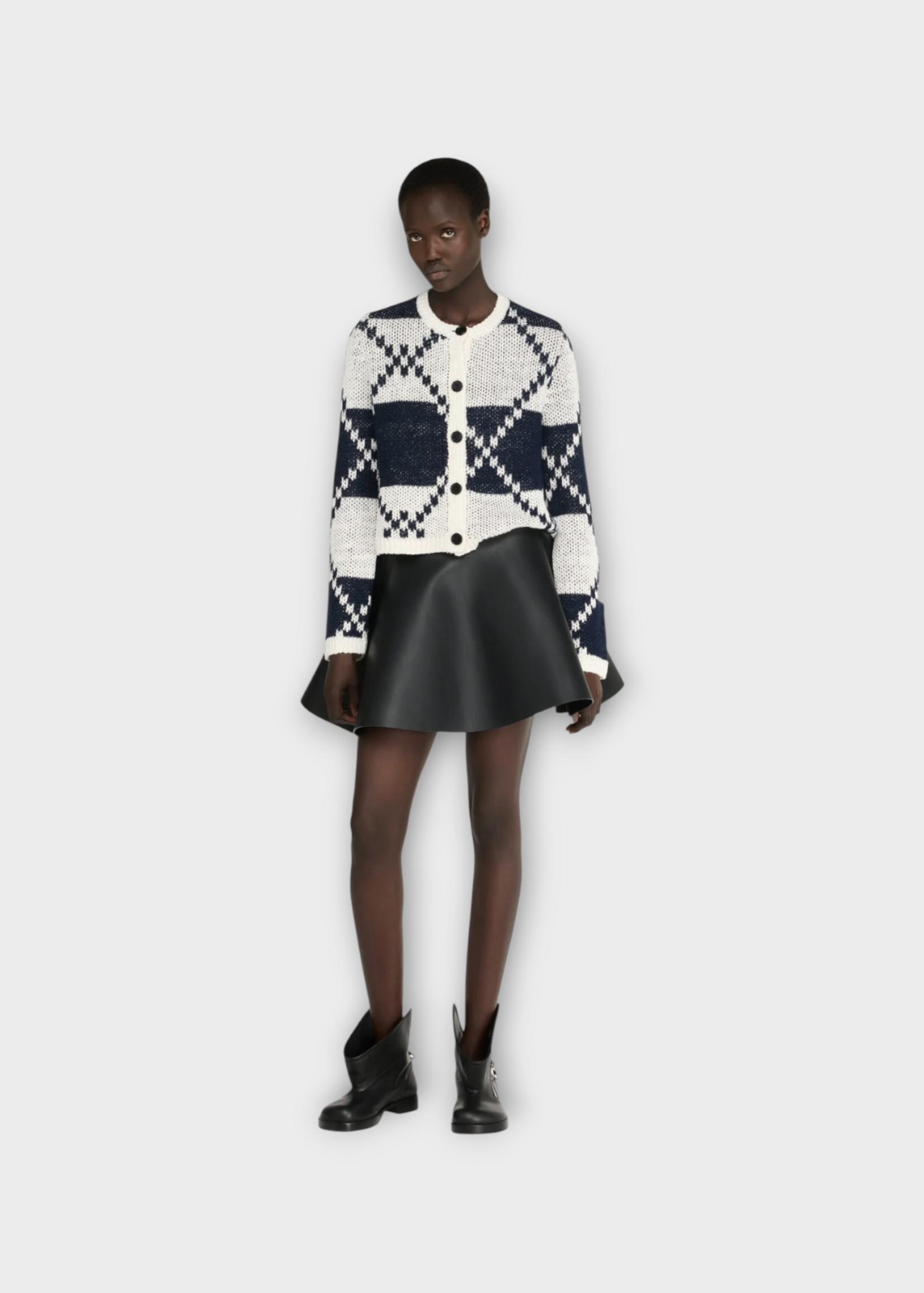 J.W. Anderson J.W. Anderson Knitwear, Print, Boxy Fit Linen Mix Cardigan In Off White & Navy w/ Fair isle Design