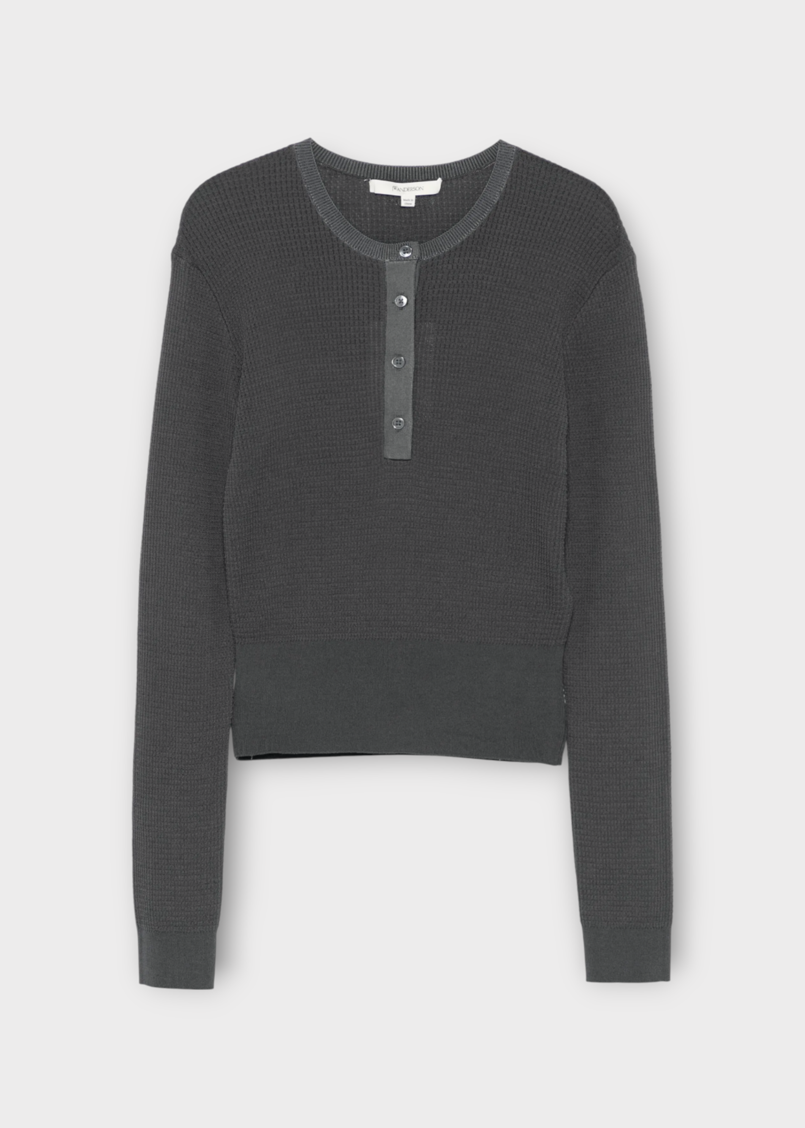 J.W. Anderson J.W. Anderson Top, Grey, Cotton Mix Waffle Henley Crew Neck Buttoned Top In Charcoal