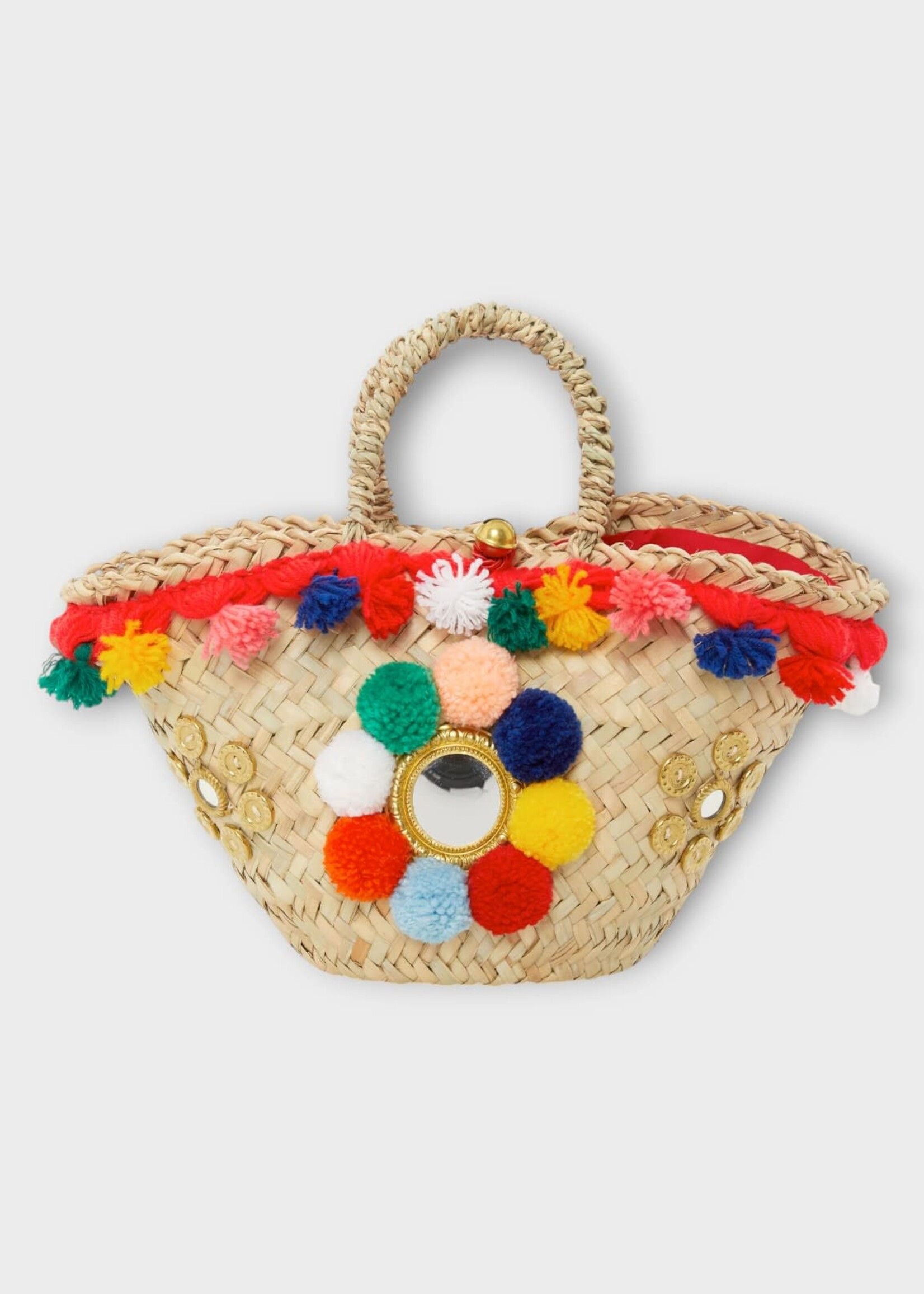 Muzungu Sisters Muzungu Sisters Bag, Print, Sicilian Pom Pom Raffia Basket in Multi Colours w/ Mirror