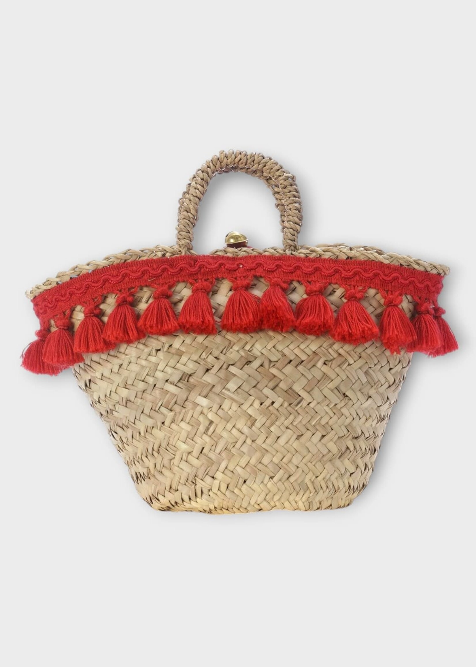 Muzungu Sisters Muzungu Sisters Bag, Print, Sicilian Pom Pom Raffia Basket in Red Fringe w/ Mirror