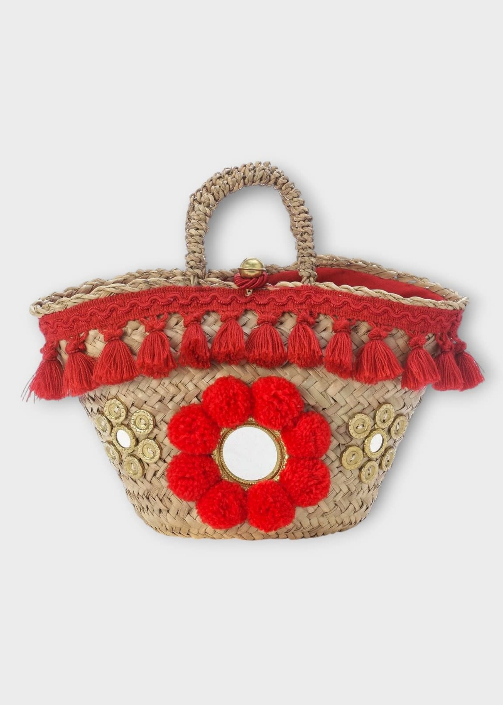 Muzungu Sisters Muzungu Sisters Bag, Print, Sicilian Pom Pom Raffia Basket in Red Fringe w/ Mirror
