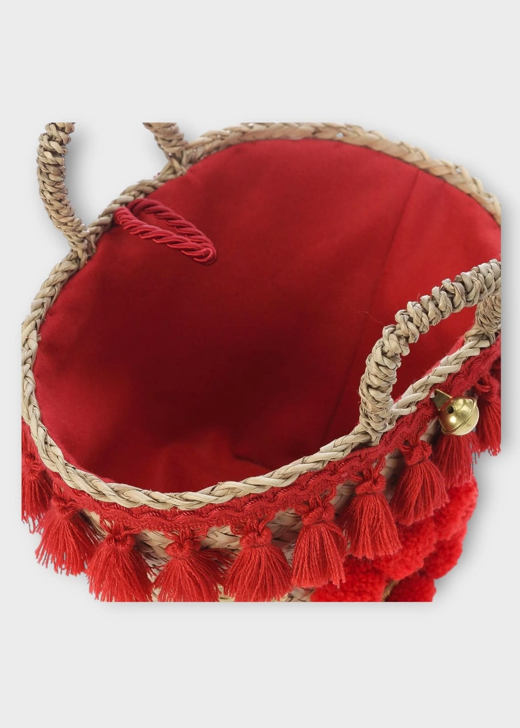 Muzungu Sisters Muzungu Sisters Bag, Print, Sicilian Pom Pom Raffia Basket in Red Fringe w/ Mirror