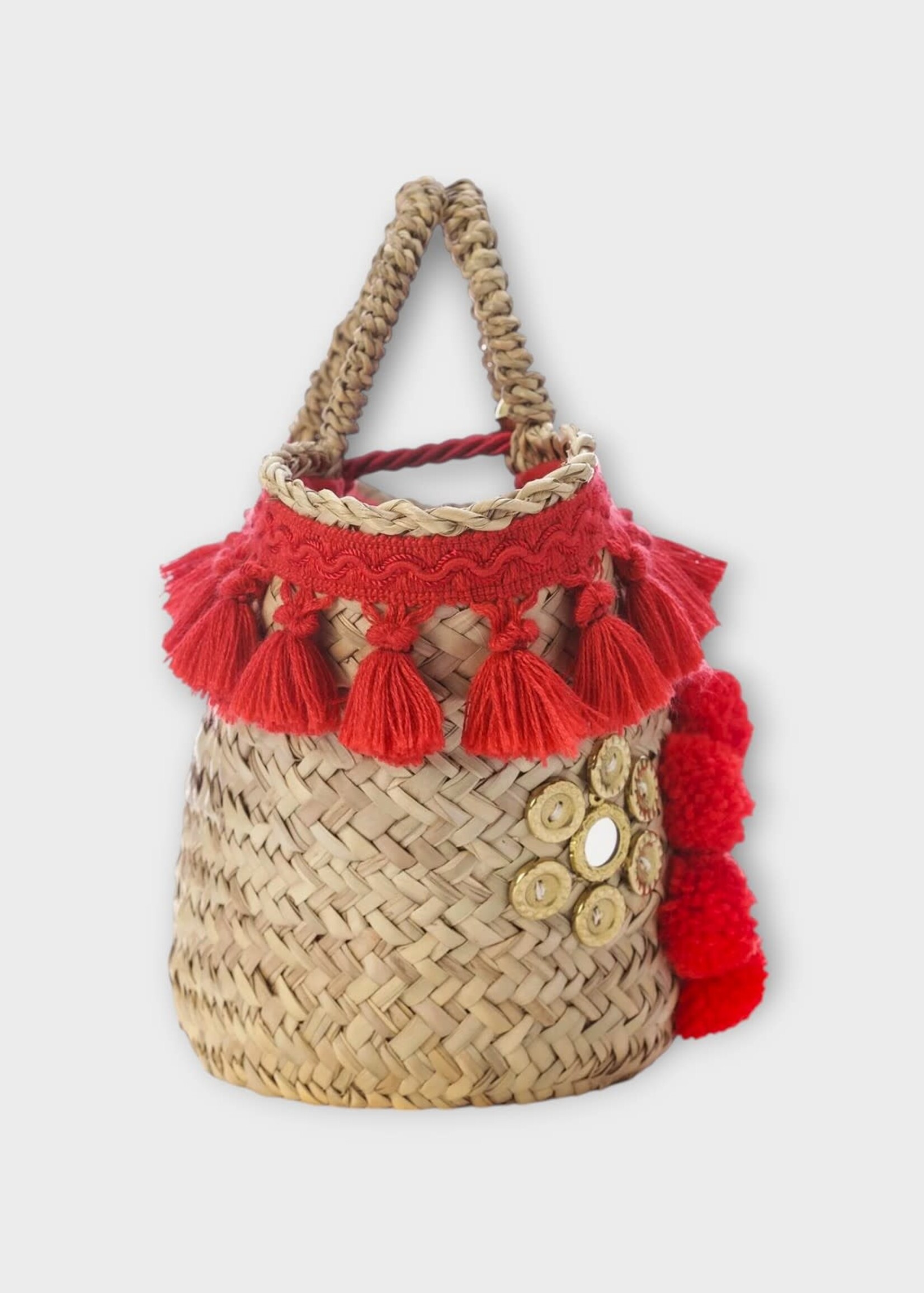 Muzungu Sisters Muzungu Sisters Bag, Print, Sicilian Pom Pom Raffia Basket in Red Fringe w/ Mirror