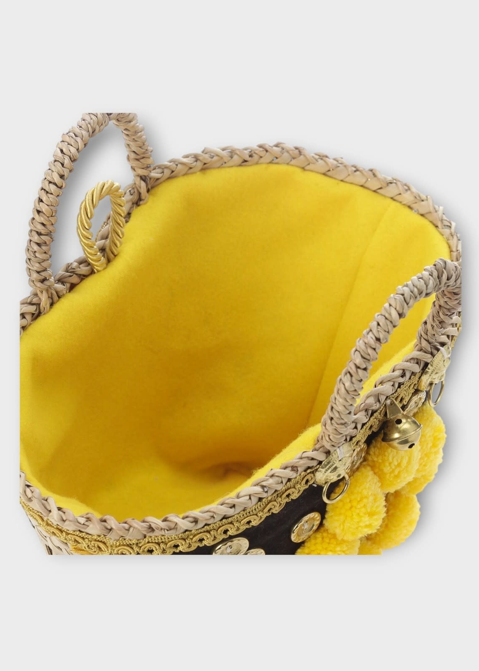Muzungu Sisters Muzungu Sisters Bag, Print, Sicilian Pom Pom Raffia Basket in Yellow Fringe w/ Mirror