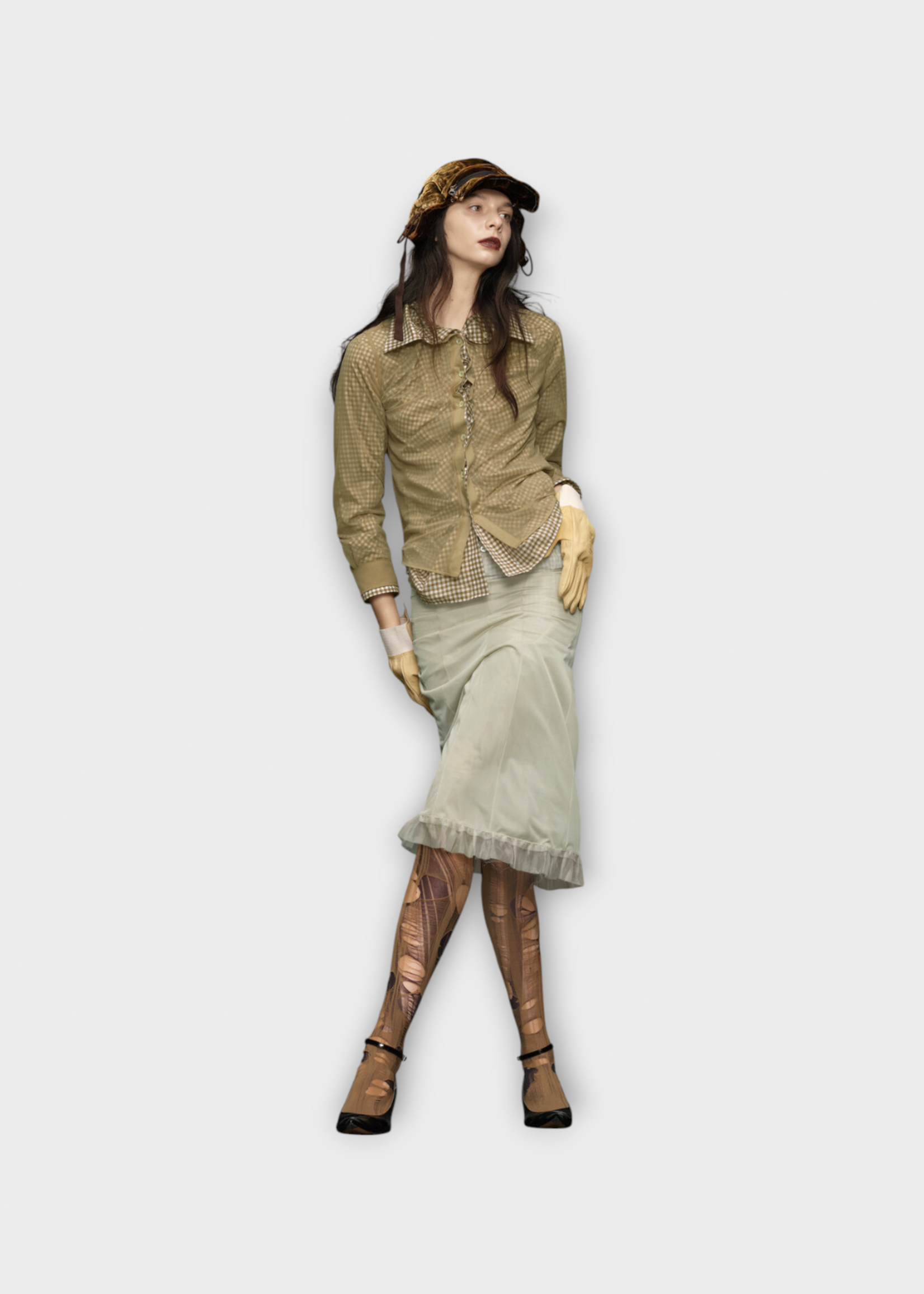 Maison Margiela Maison Margiela Shirt, Print, Double Layer Long Sleeve Ruched Shirt In Camel Tan & White w/ Check Print