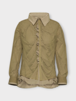 Maison Margiela Maison Margiela Shirt, Print, Double Layer Long Sleeve Ruched Shirt In Camel Tan & White w/ Check Print
