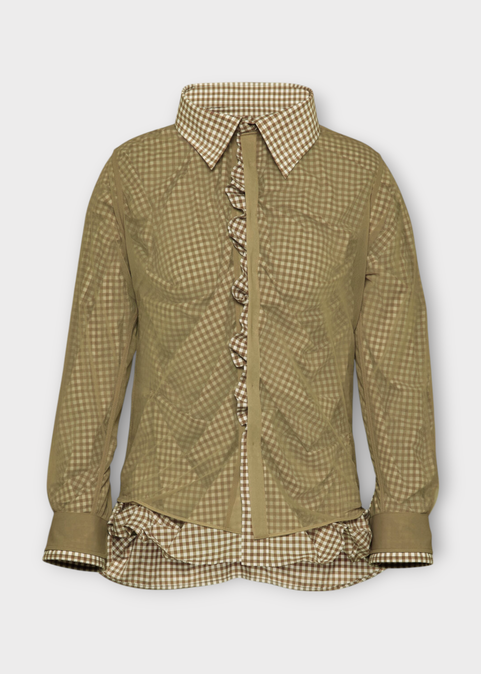Maison Margiela Maison Margiela Shirt, Print, Double Layer Long Sleeve Ruched Shirt In Camel Tan & White w/ Check Print