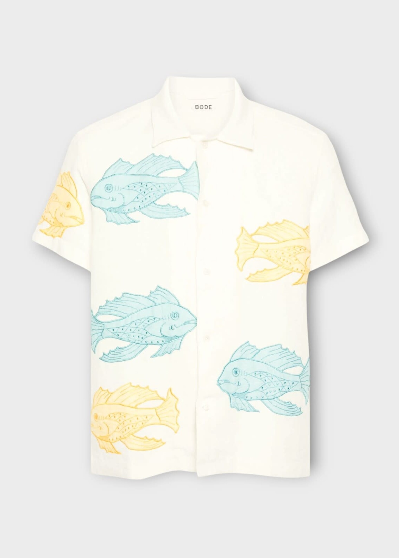 Bode Bode Shirt, Multi, Linen Collared Button Up Short Sleeve Shirt In White w/ Fishes Patches