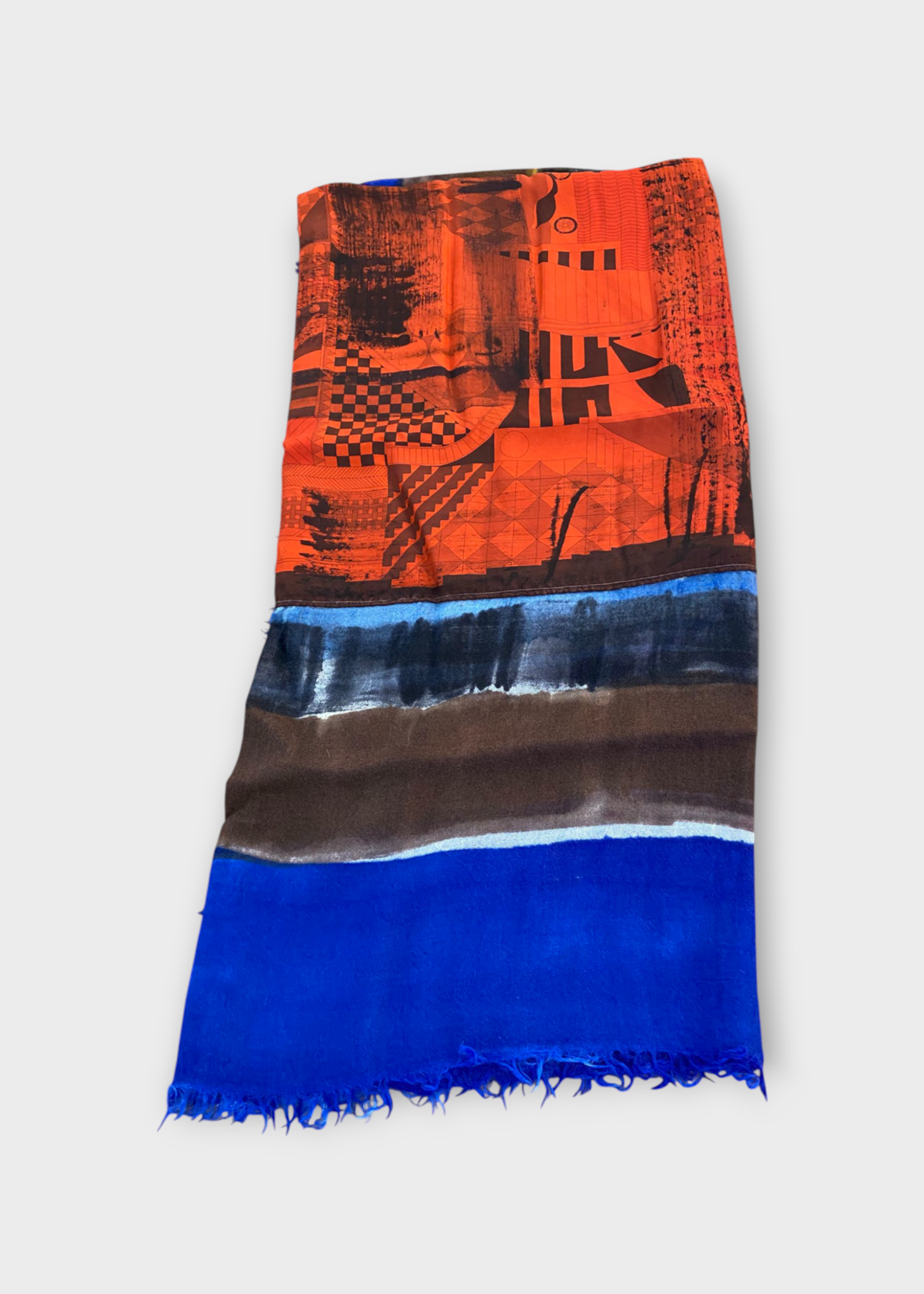 Dianora Salviati Dianora Salviati Scarf, Multi, Vintage Silk & Cashmere Hermes Scarf In Red, Brown & Blue Hand Paiting