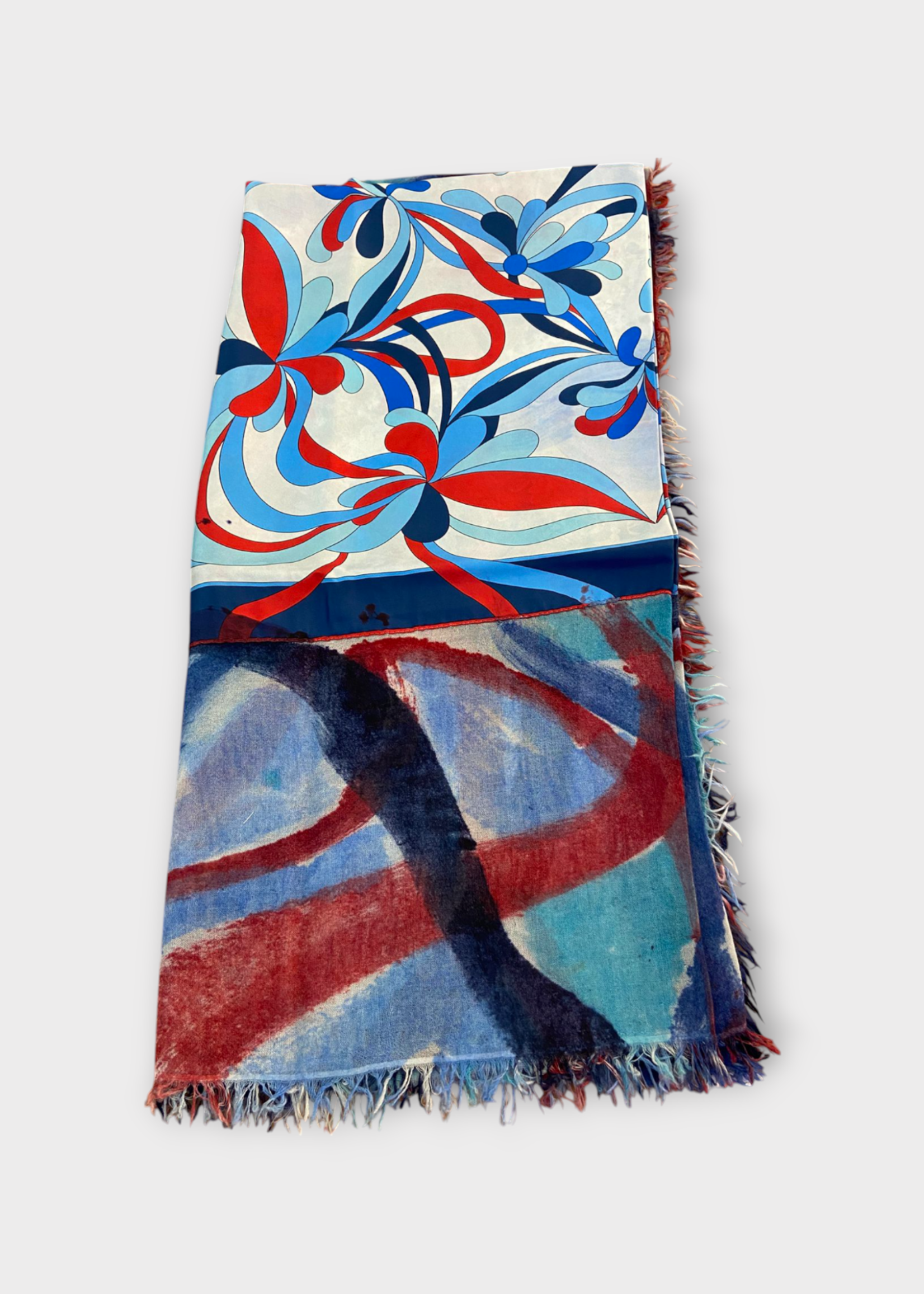 Dianora Salviati Dianora Salviati Scarf, Multi, Vintage Silk & Cashmere Scarf In Red & Blue Hand Painting