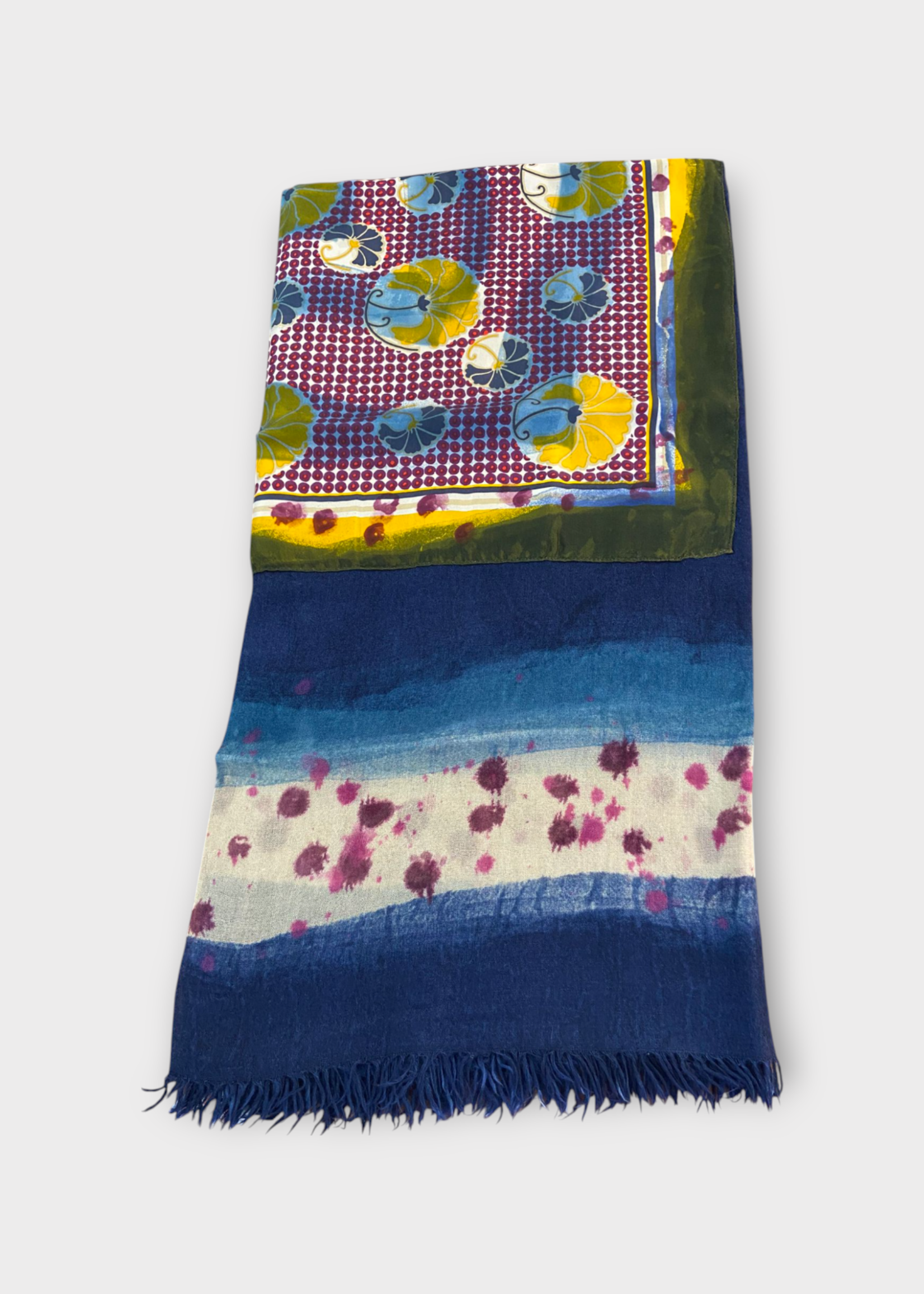 Dianora Salviati Dianora Salviati Scarf, Multi, Vintage Silk & Cashmere Scarf In Blue & Yellow  Hand Painting