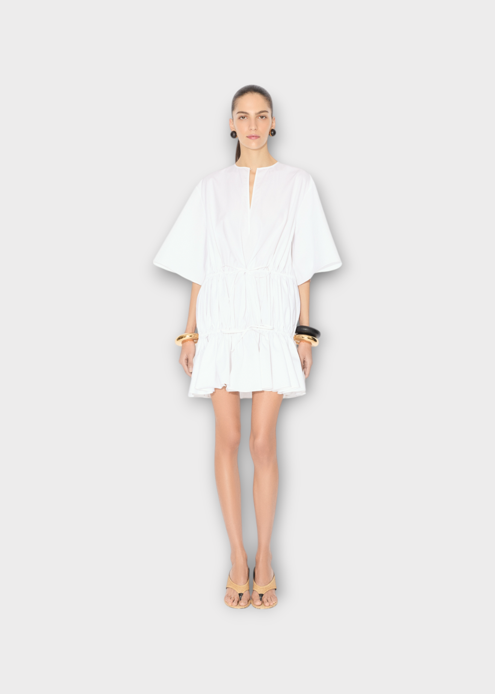 Alaia Alaia Dress, White, Cotton V-Neck Short Sleeve Ruffled Short Dress