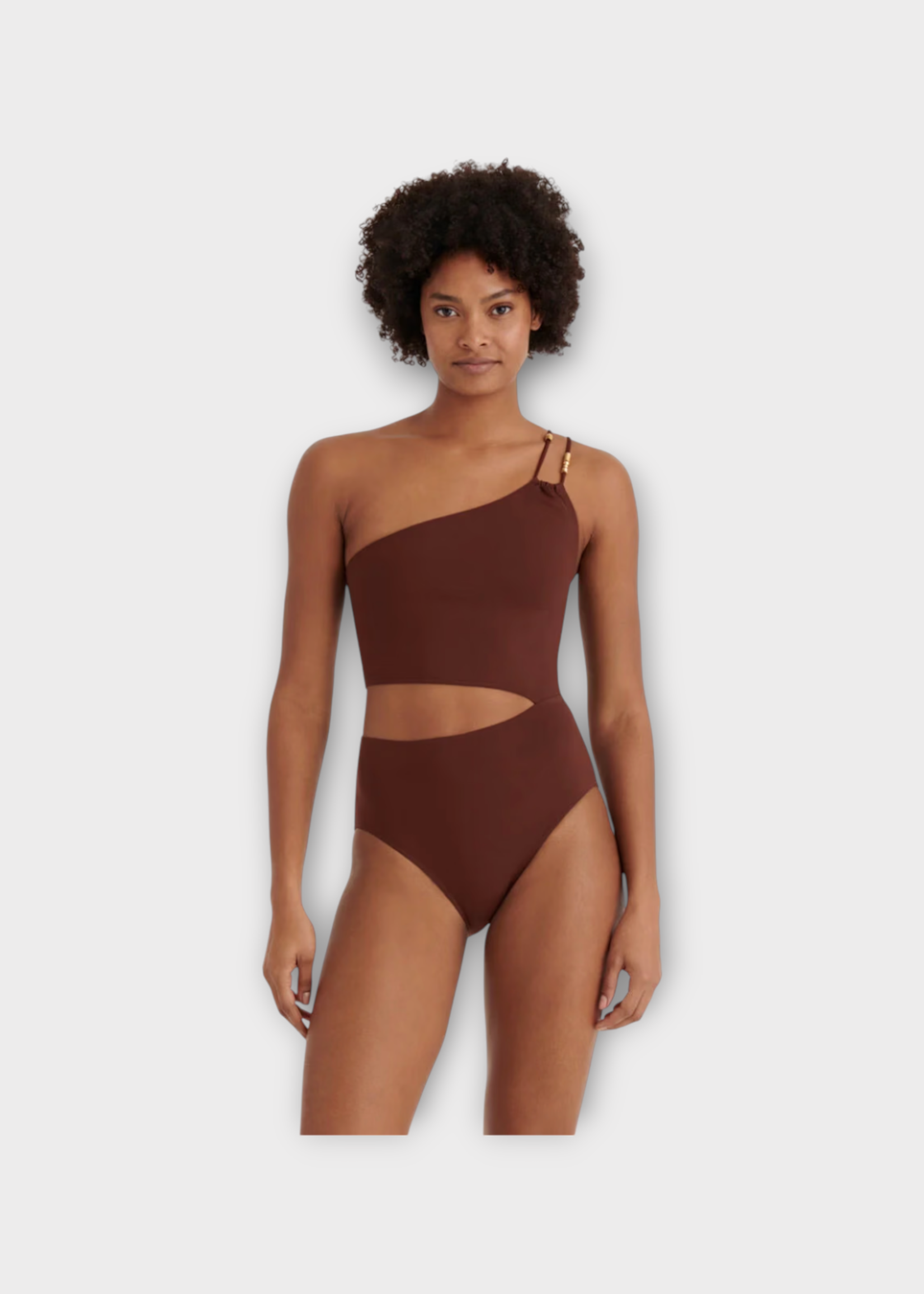 Eres Eres Swimwear, Brown, Ecume Asymmetrical One Shoulder One Piece Swimsuit In Turtle w/ Gold Beads