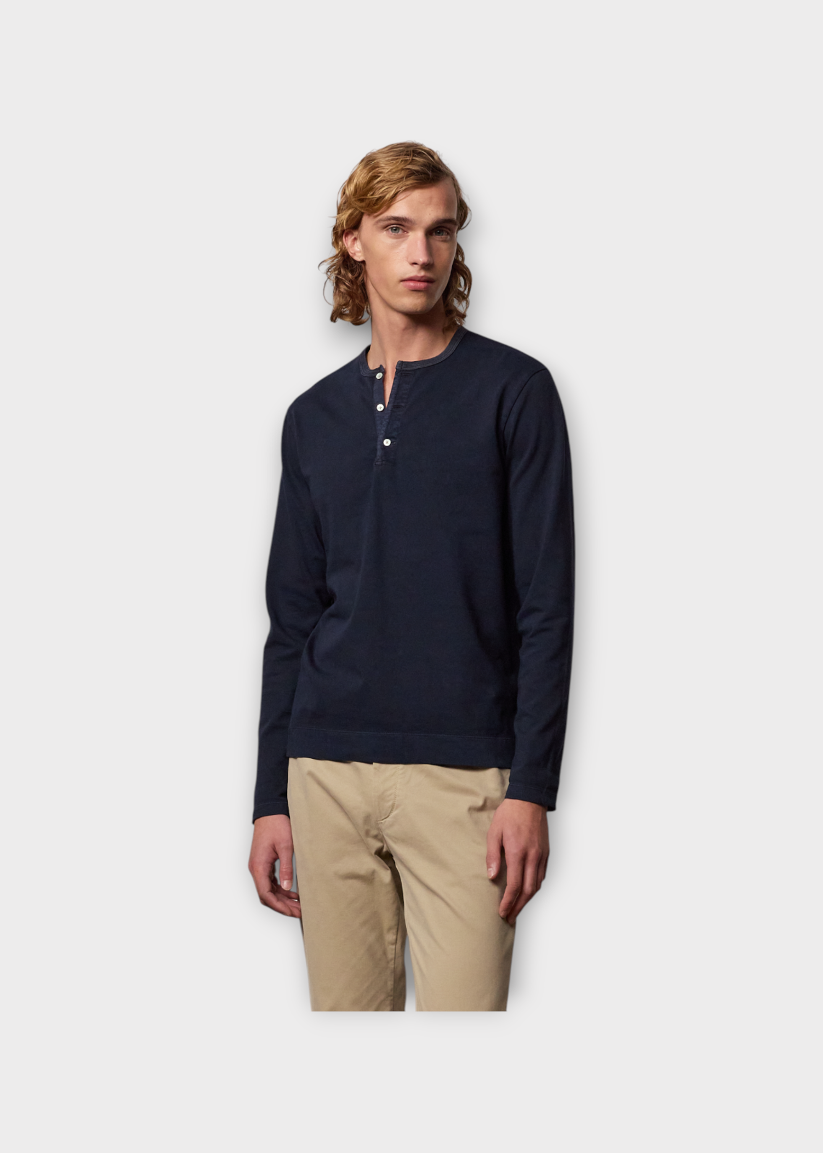 Massimo Alba Massimo Alba T-Shirt, Blue, Manchester Cotton Crew Neck Long Sleeve T-Shirt In Dark Blue w/ Buttons