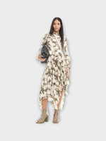 Marques' Almeida Marques' Almeida Dress, Print, Long Sleeve Asymmetric Pleated Skirt Midi Dress In In Khaki w/ Flower Print