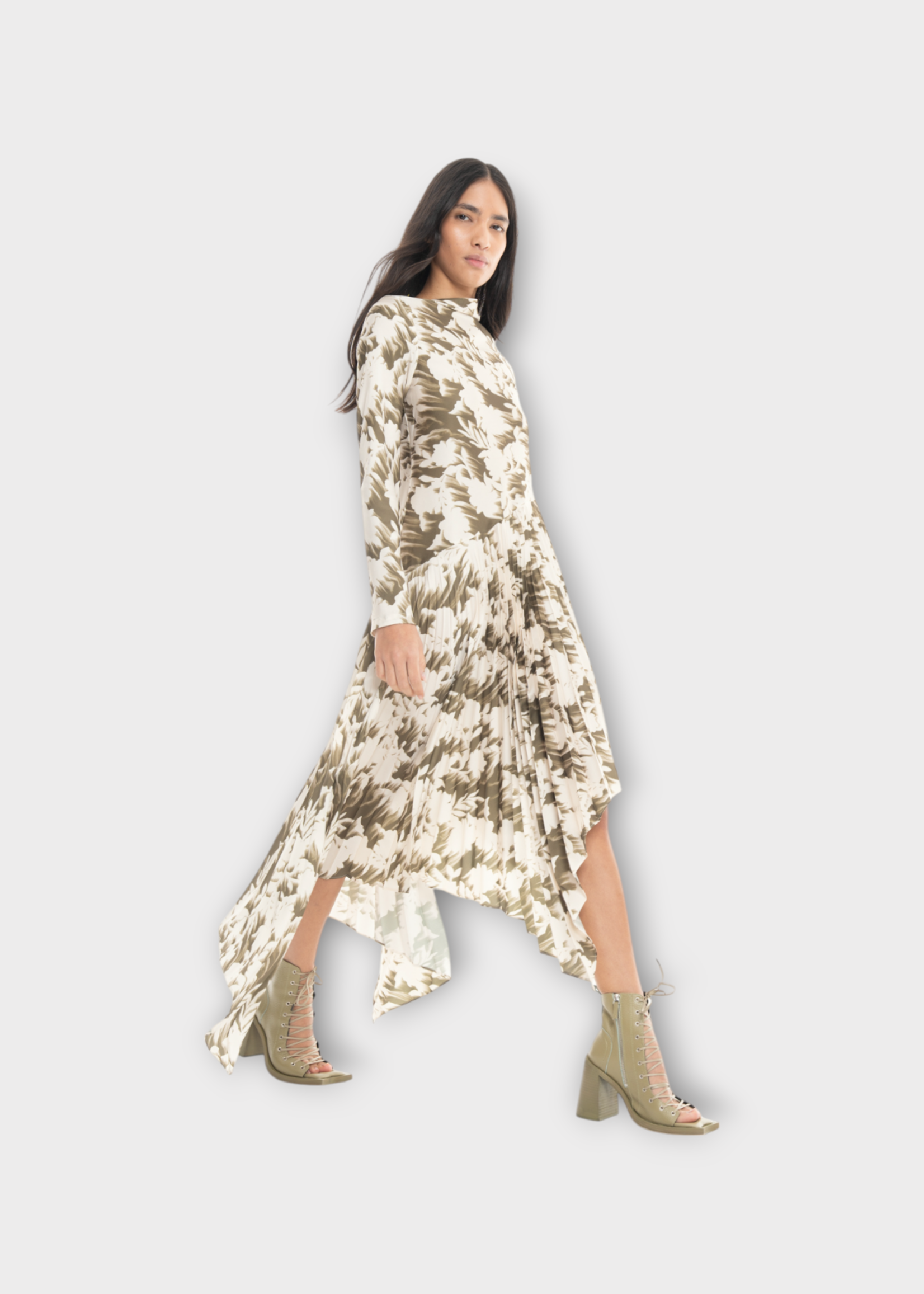Marques' Almeida Marques' Almeida Dress, Print, Long Sleeve Asymmetric Pleated Skirt Midi Dress In In Khaki w/ Flower Print