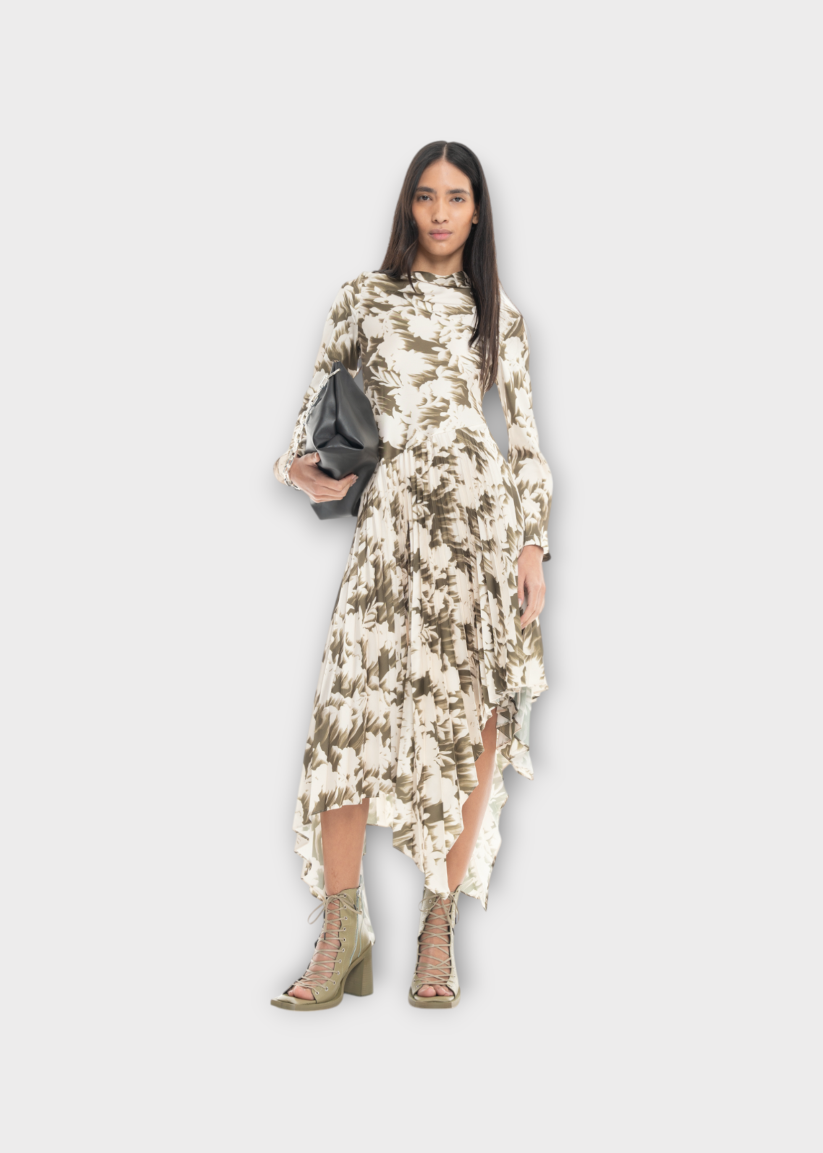 Marques' Almeida Marques' Almeida Dress, Print, Long Sleeve Asymmetric Pleated Skirt Midi Dress In In Khaki w/ Flower Print