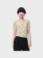 Loewe Loewe Top, Multi, Cotton Mix Crew Neck Short Sleeve Sweater In White & Pink w/ All Over Floral Motif