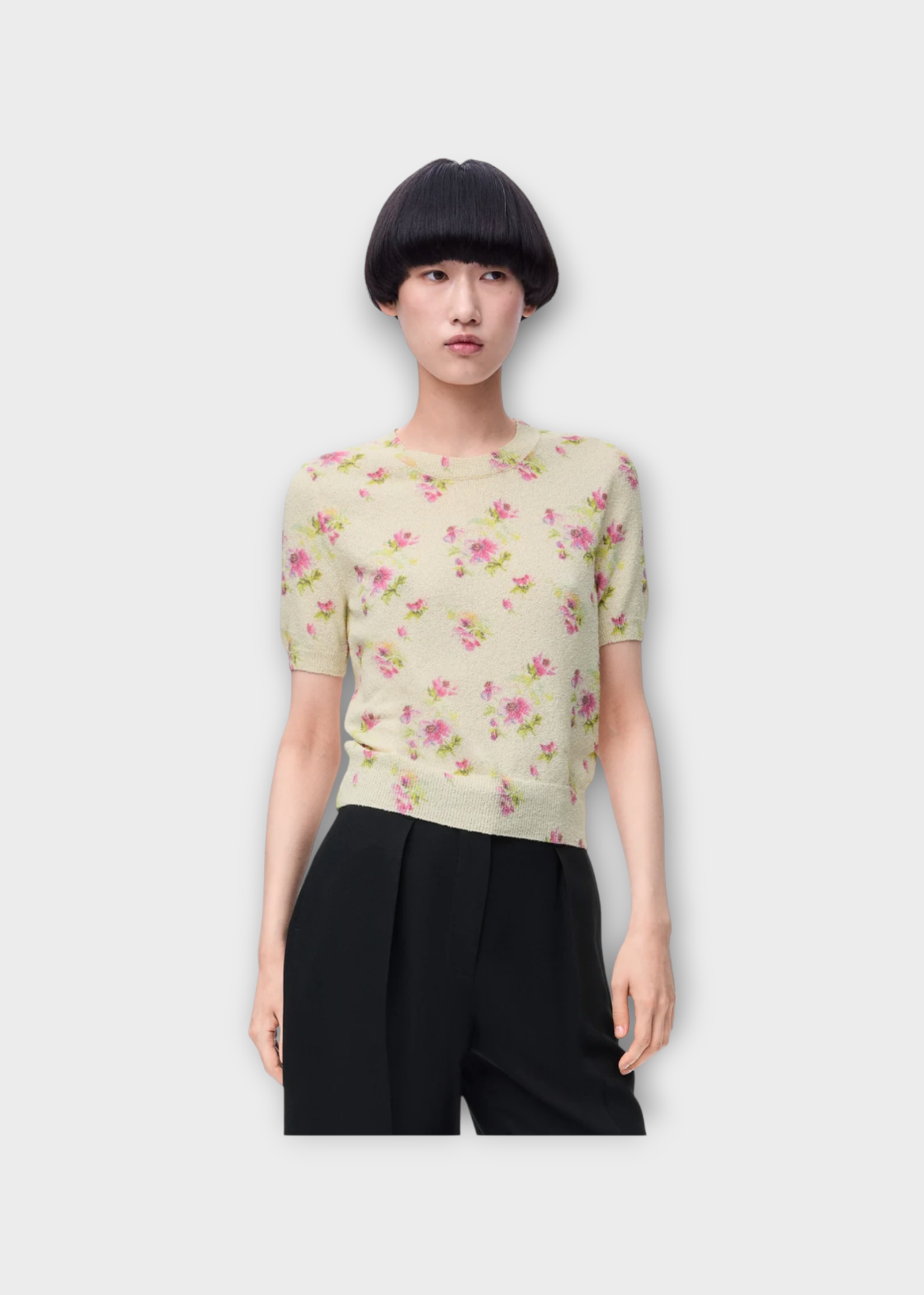 Loewe Loewe Top, Multi, Cotton Mix Crew Neck Short Sleeve Sweater In White & Pink w/ All Over Floral Motif