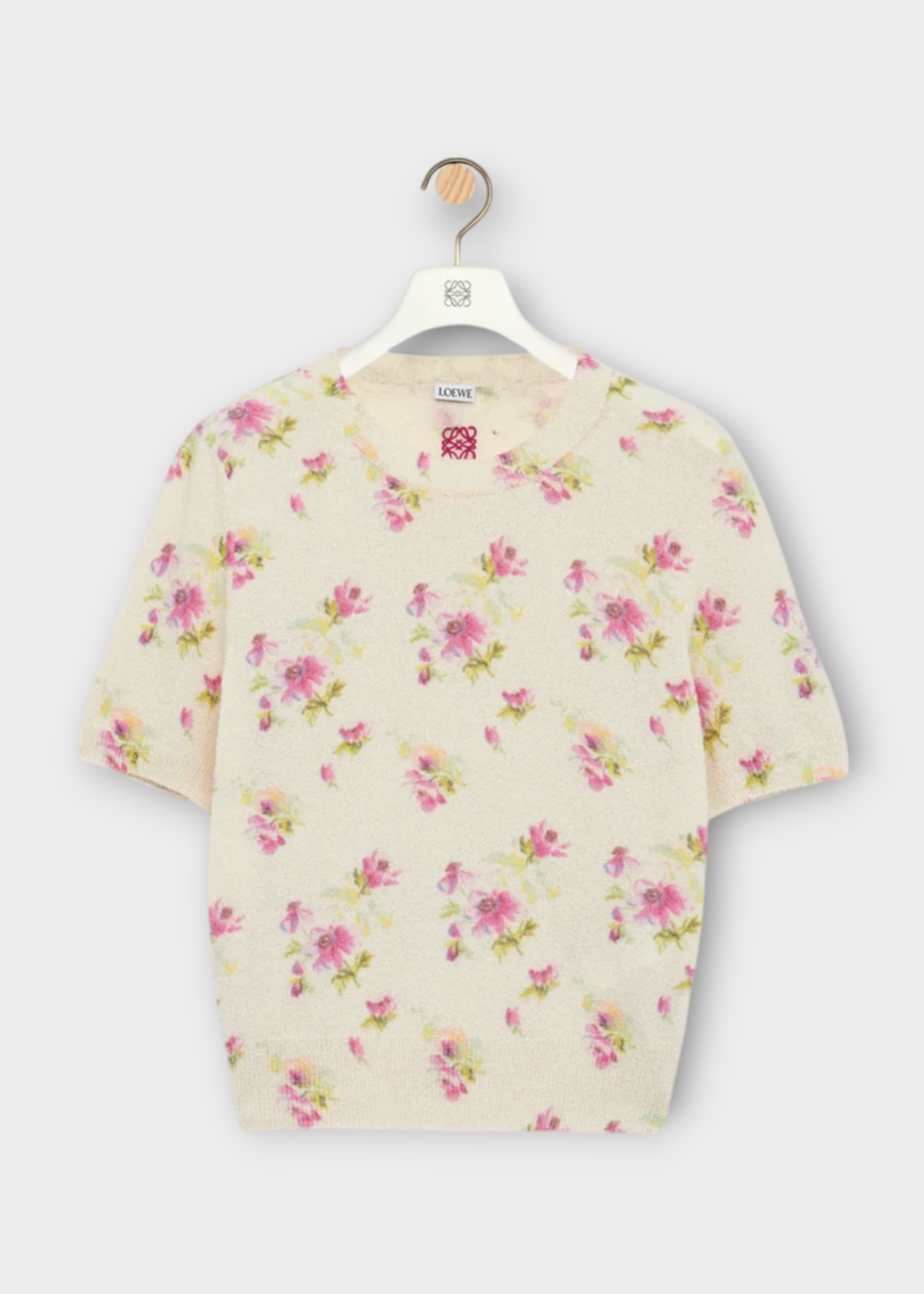 Loewe Loewe Top, Multi, Cotton Mix Crew Neck Short Sleeve Sweater In White & Pink w/ All Over Floral Motif