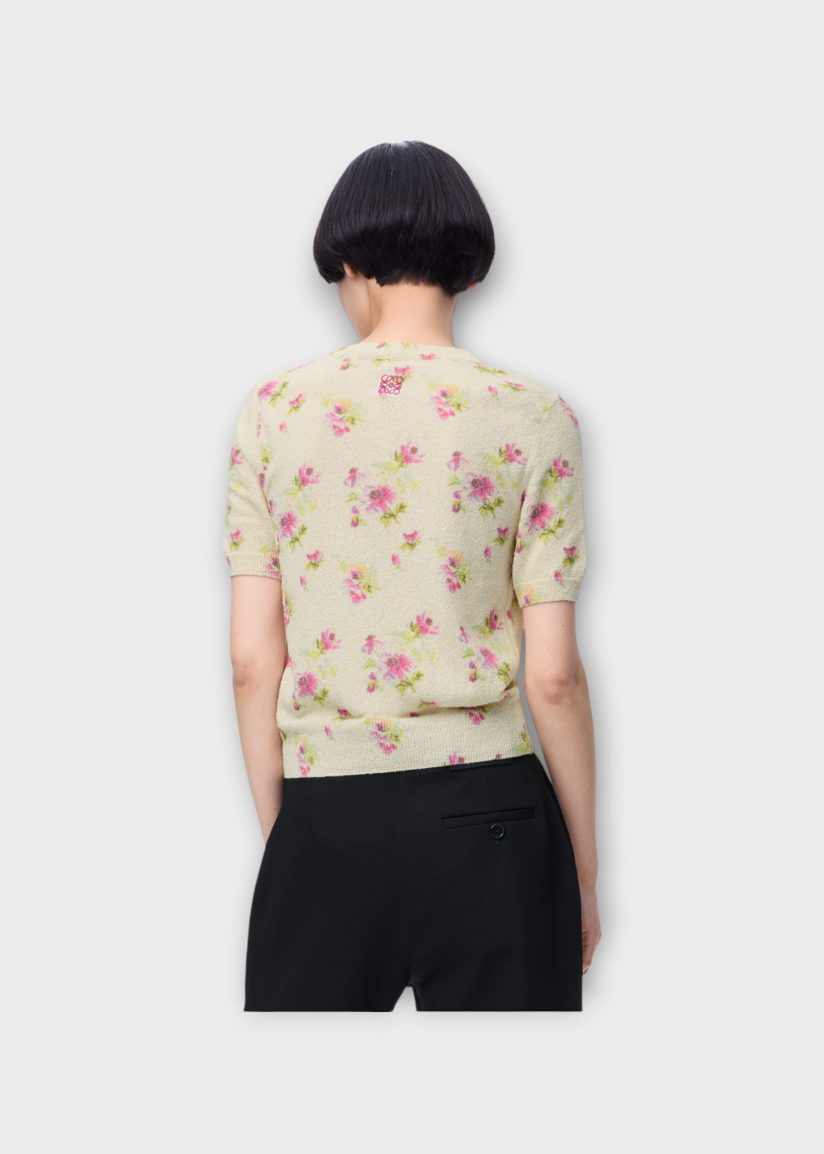 Loewe Loewe Top, Multi, Cotton Mix Crew Neck Short Sleeve Sweater In White & Pink w/ All Over Floral Motif