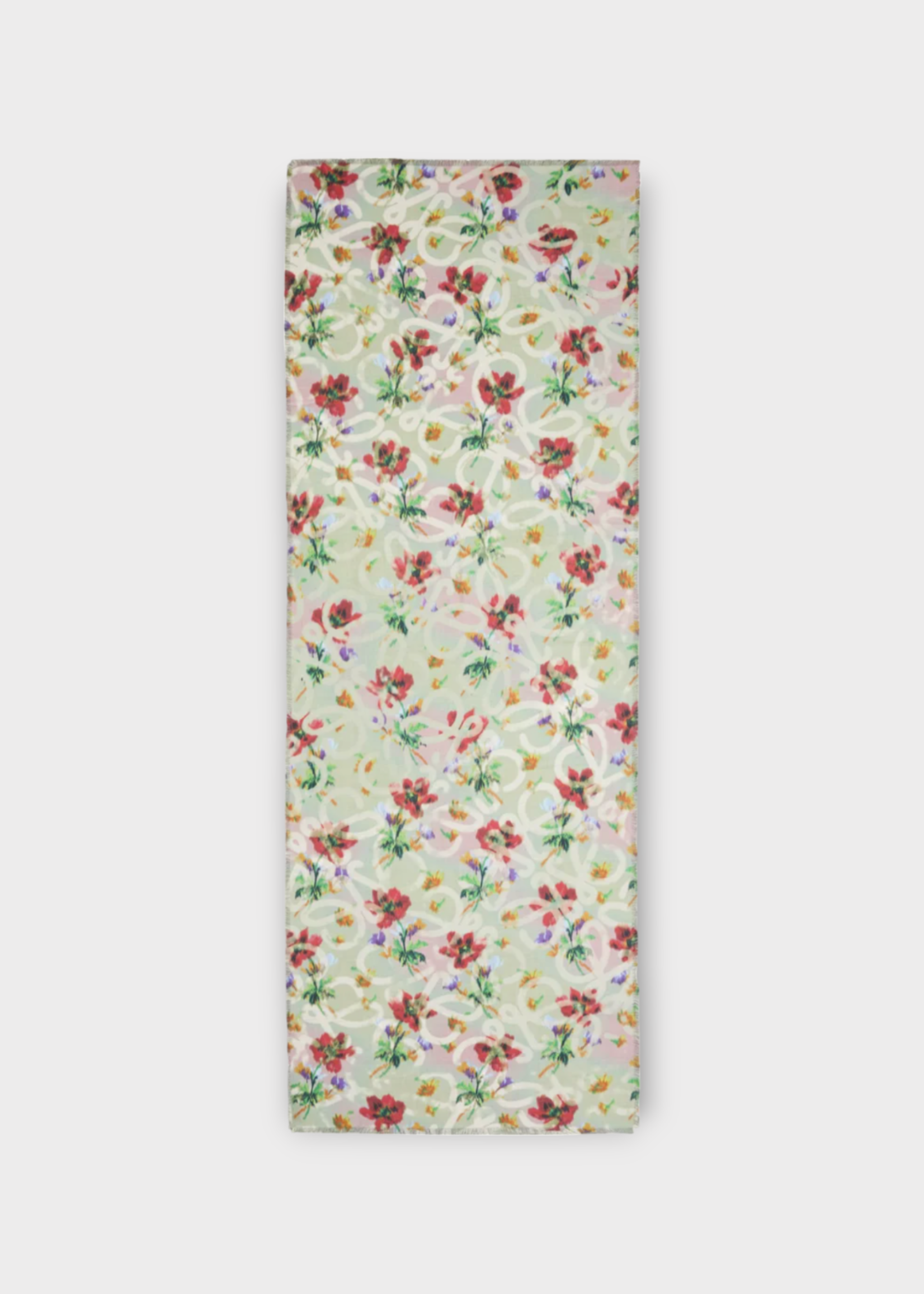 Loewe Loewe Scarf, Print, Cashmere & Silk 70X200 Scarf In Sage & Multicolour W/ Digital Flower & Faded Anagram Print