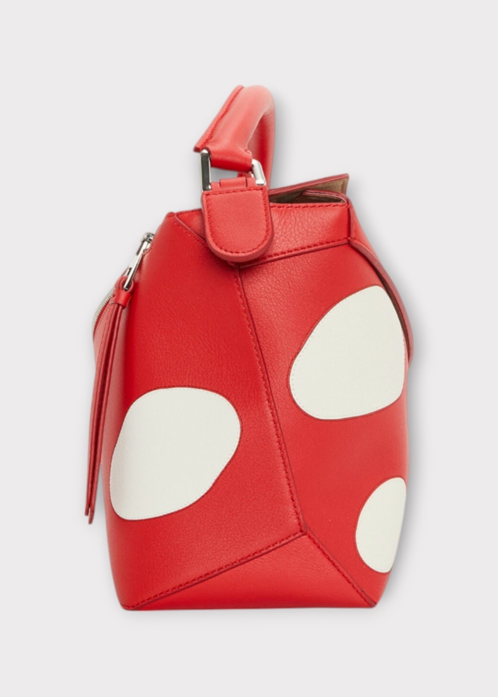 Loewe Loewe Bag, Multi, Puzzle Edge Calf Leather Top Handle Zip Closure In Dark Red & White w/ Mushroom Print