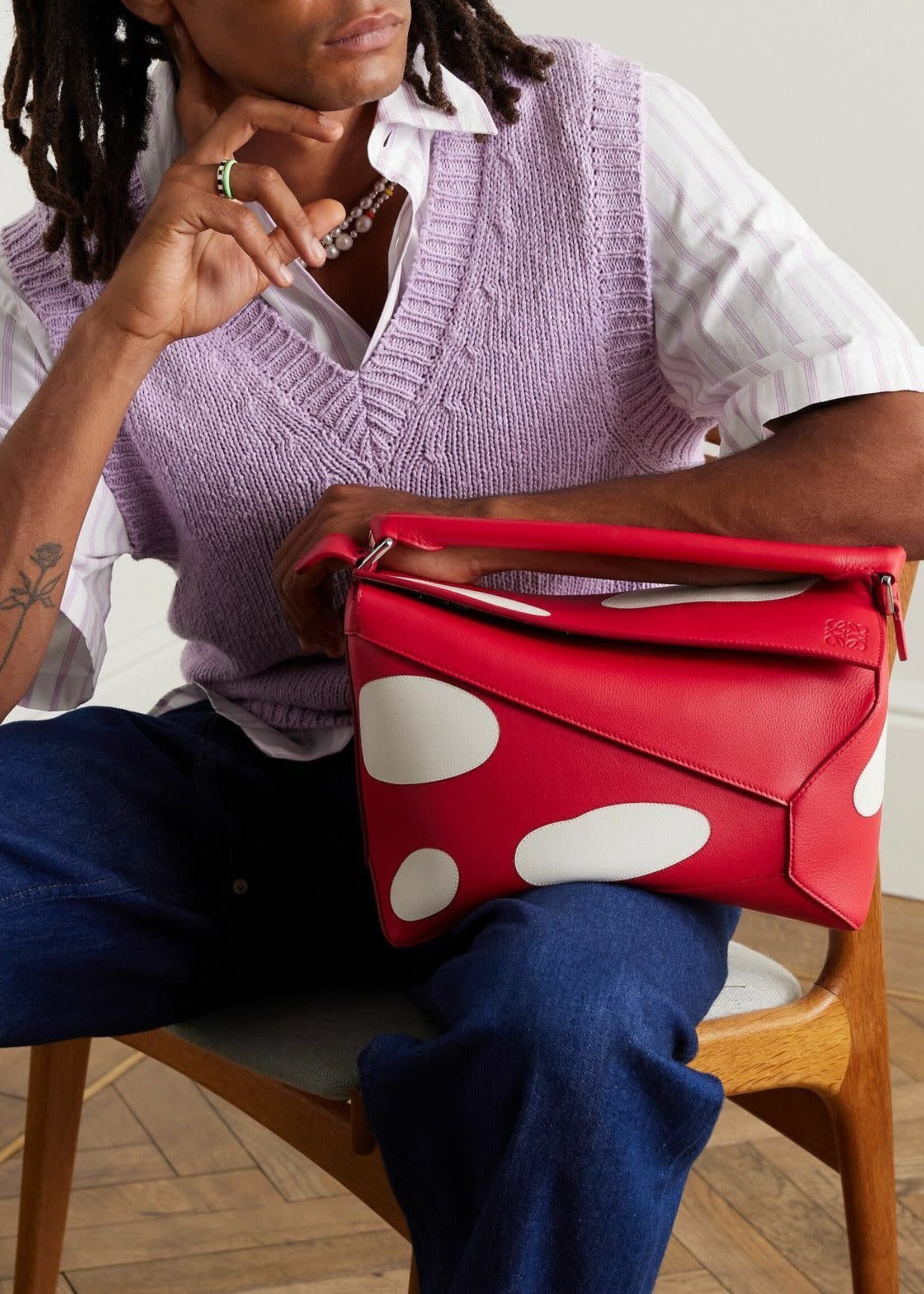 Loewe Loewe Bag, Multi, Puzzle Edge Calf Leather Top Handle Zip Closure In Dark Red & White w/ Mushroom Print