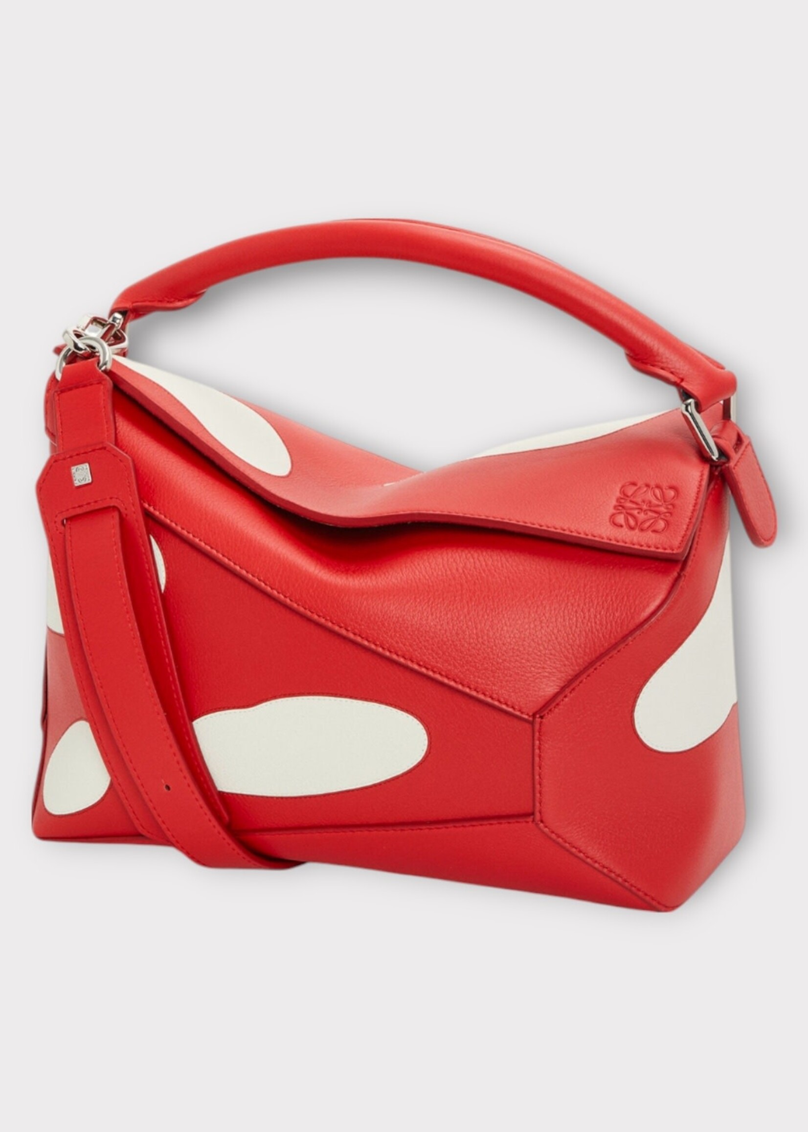 Loewe Loewe Bag, Multi, Puzzle Edge Calf Leather Top Handle Zip Closure In Dark Red & White w/ Mushroom Print