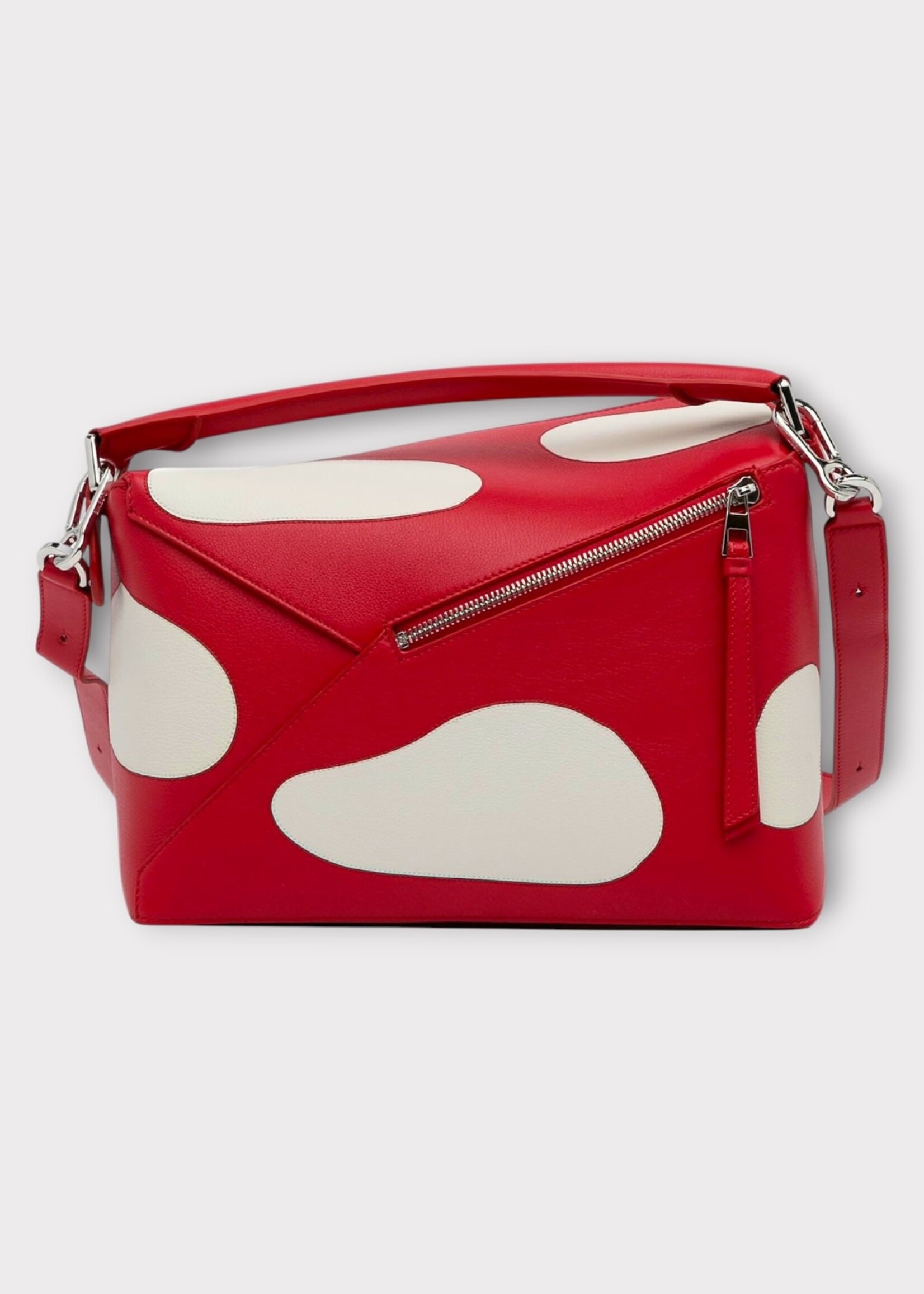 Loewe Loewe Bag, Multi, Puzzle Edge Calf Leather Top Handle Zip Closure In Dark Red & White w/ Mushroom Print