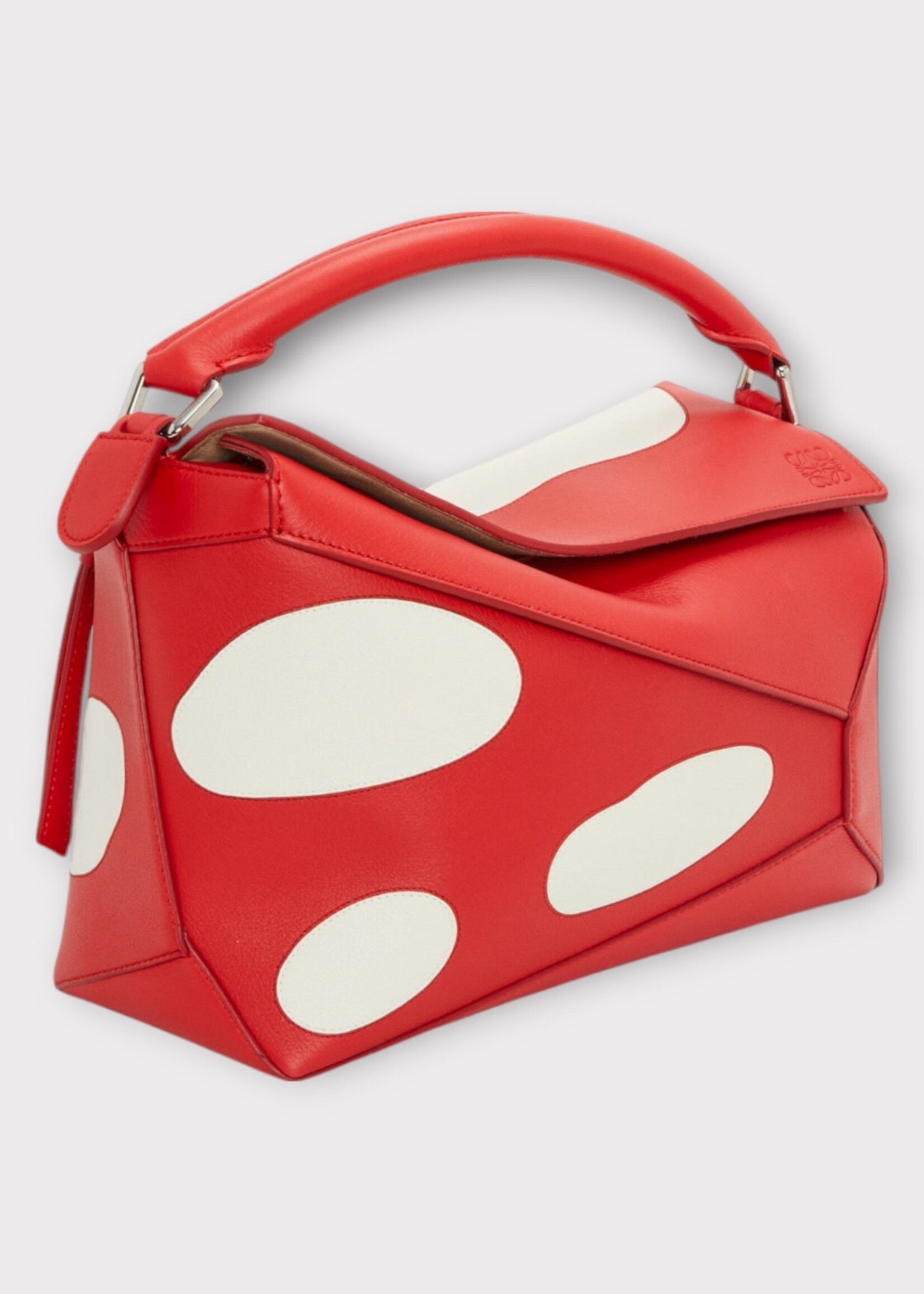 Loewe Loewe Bag, Multi, Puzzle Edge Calf Leather Top Handle Zip Closure In Dark Red & White w/ Mushroom Print