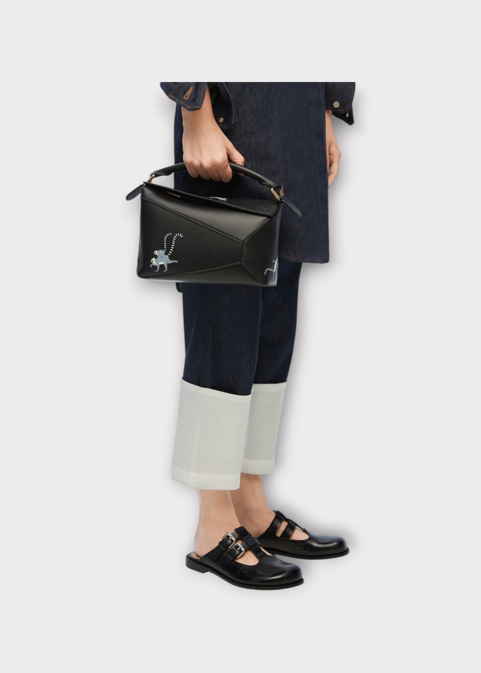 Loewe Loewe Bag, Black, Puzzle Edge Satin Calf Leather Top Handle Small Shoulder Bag In Black w/ Lemurs Print