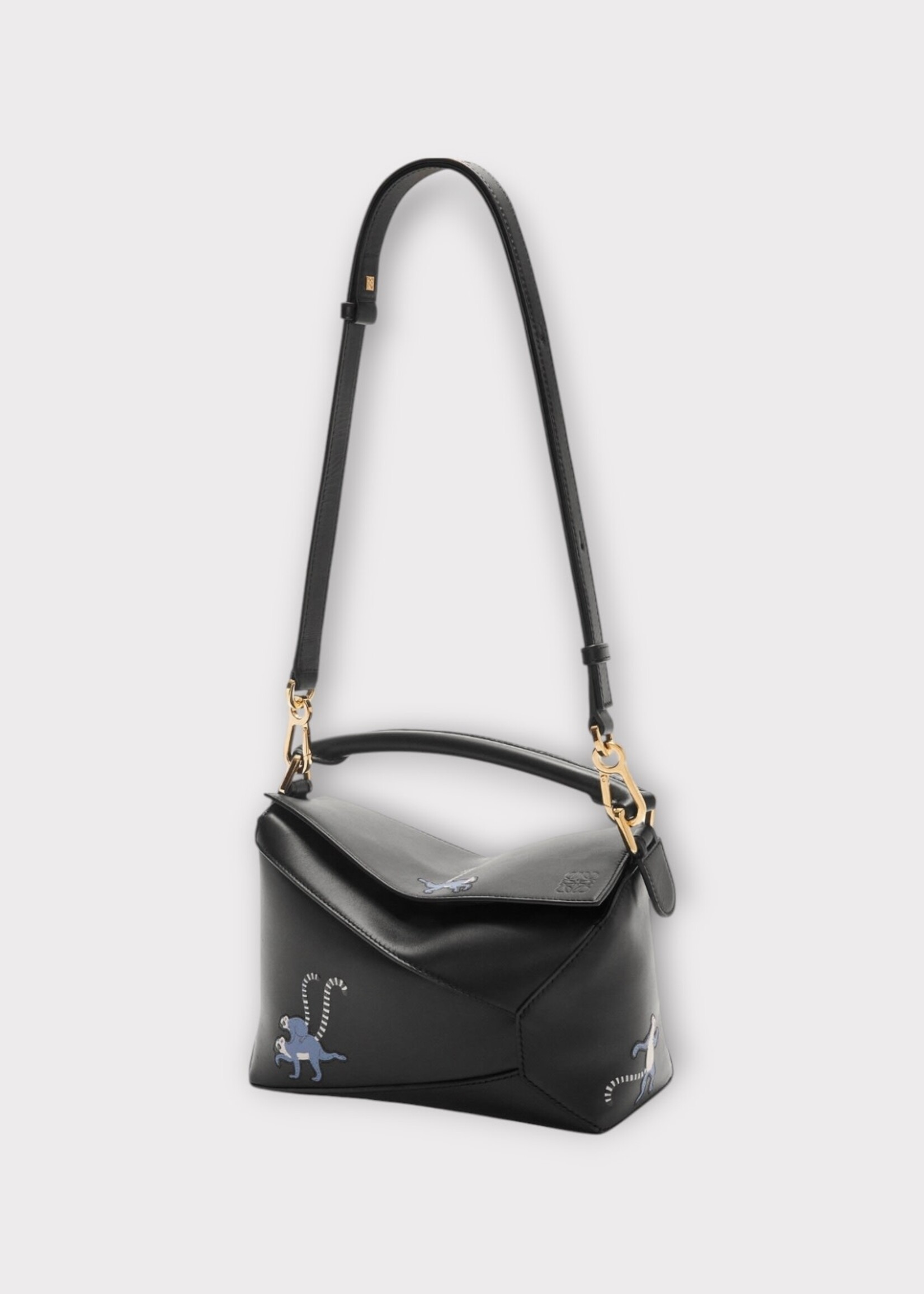 Loewe Loewe Bag, Black, Puzzle Edge Satin Calf Leather Top Handle Small Shoulder Bag In Black w/ Lemurs Print