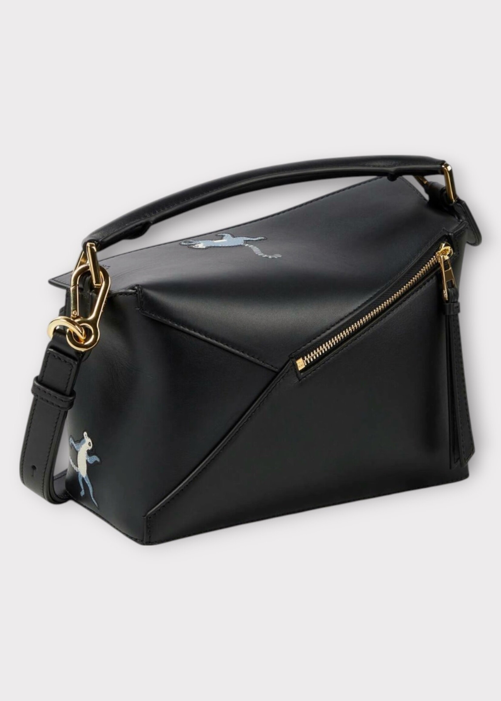Loewe Loewe Bag, Black, Puzzle Edge Satin Calf Leather Top Handle Small Shoulder Bag In Black w/ Lemurs Print