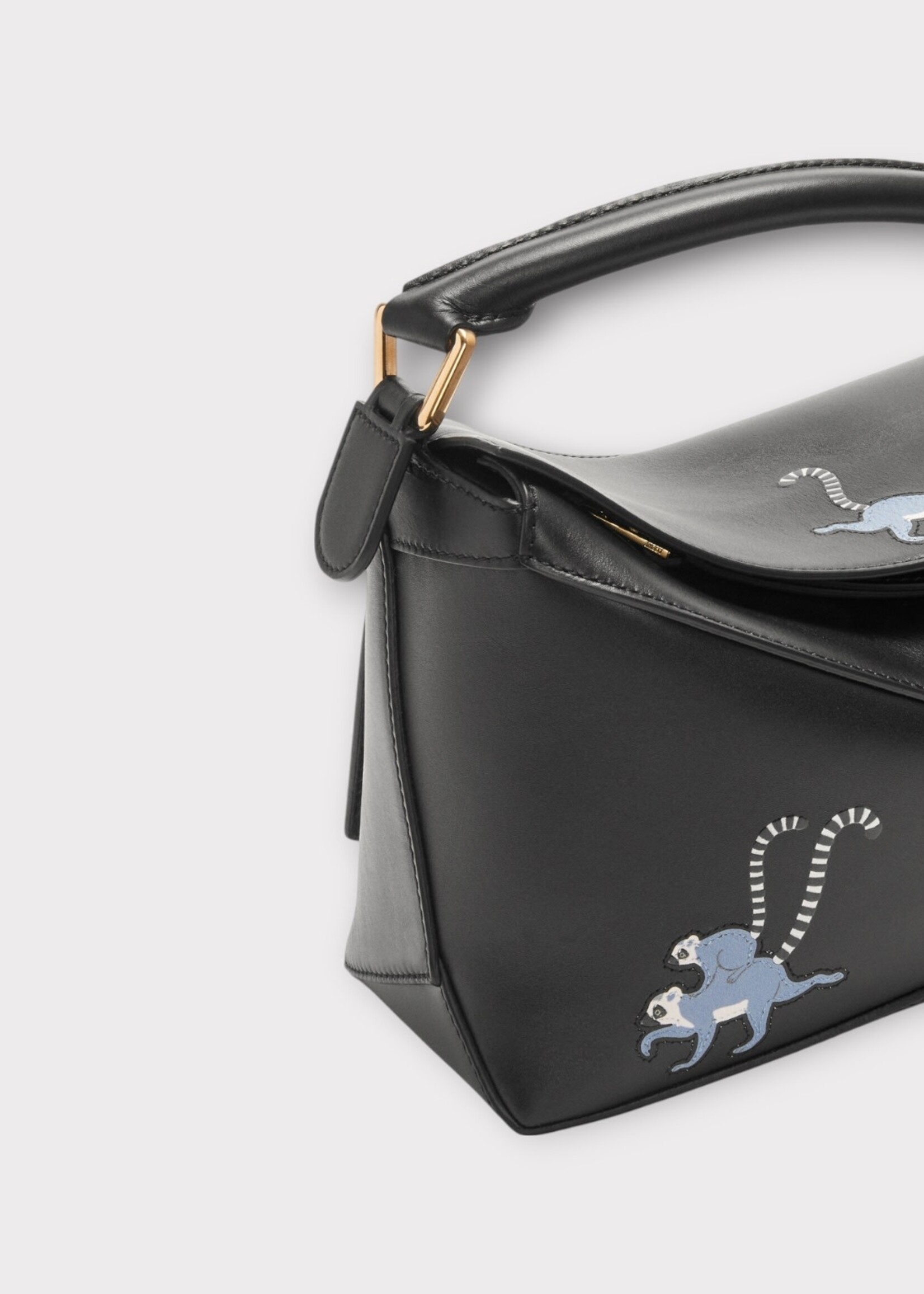 Loewe Loewe Bag, Black, Puzzle Edge Satin Calf Leather Top Handle Small Shoulder Bag In Black w/ Lemurs Print
