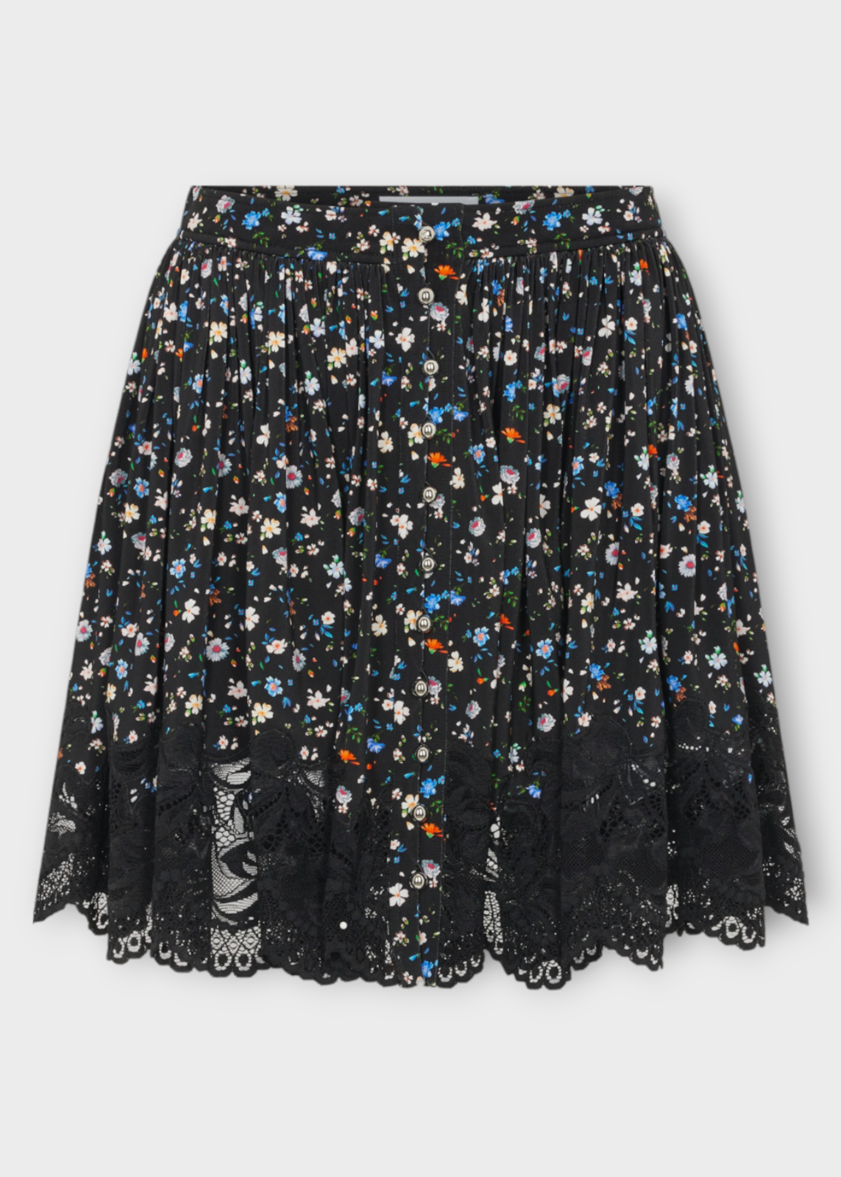 Rabanne Rabanne Skirt, Print, Buttoned Mini Skirt In Black w/ Flower Print & Lace Detail