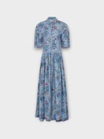 Rabanne Rabanne Dress, Print, Collared Zipped Short Sleeve Long Dress In Blue Pin w/ Flower Print
